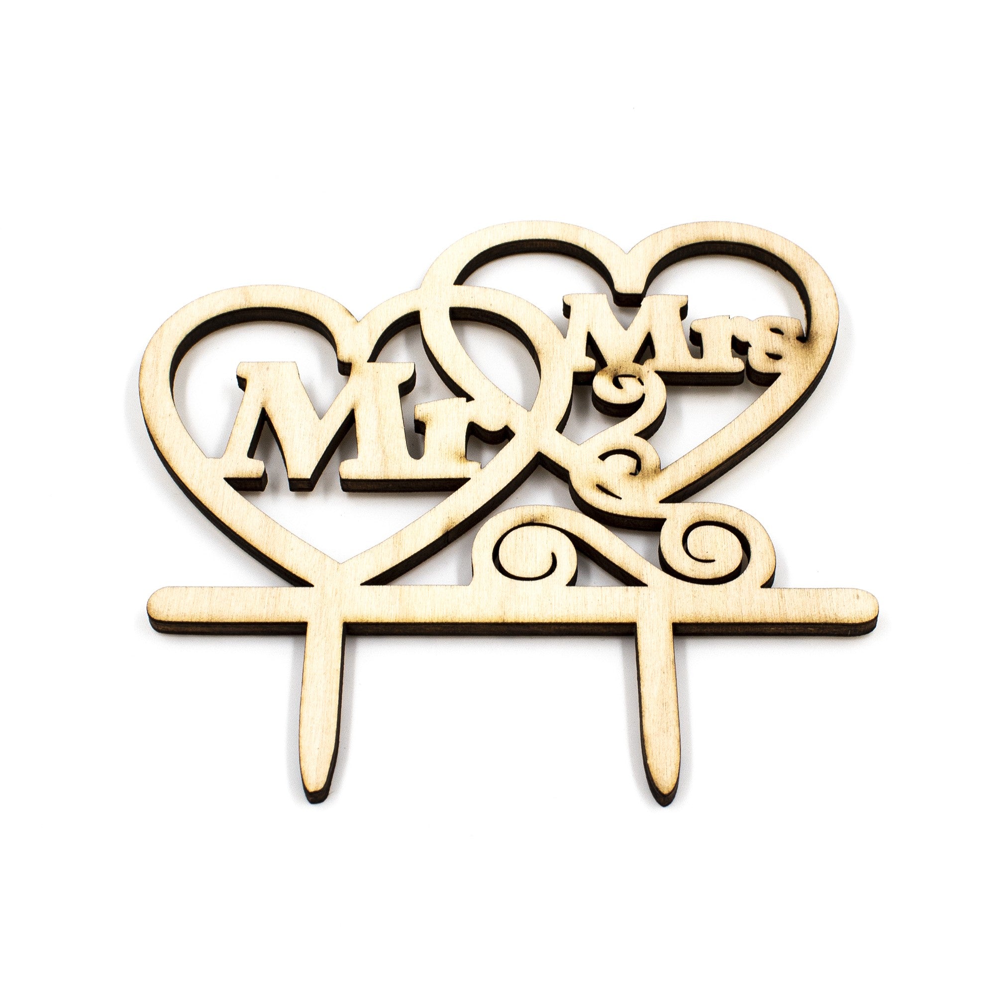 Wooderland Mr & Mrs wooden cake topper with interlocking heart design for rustic wedding cakes
