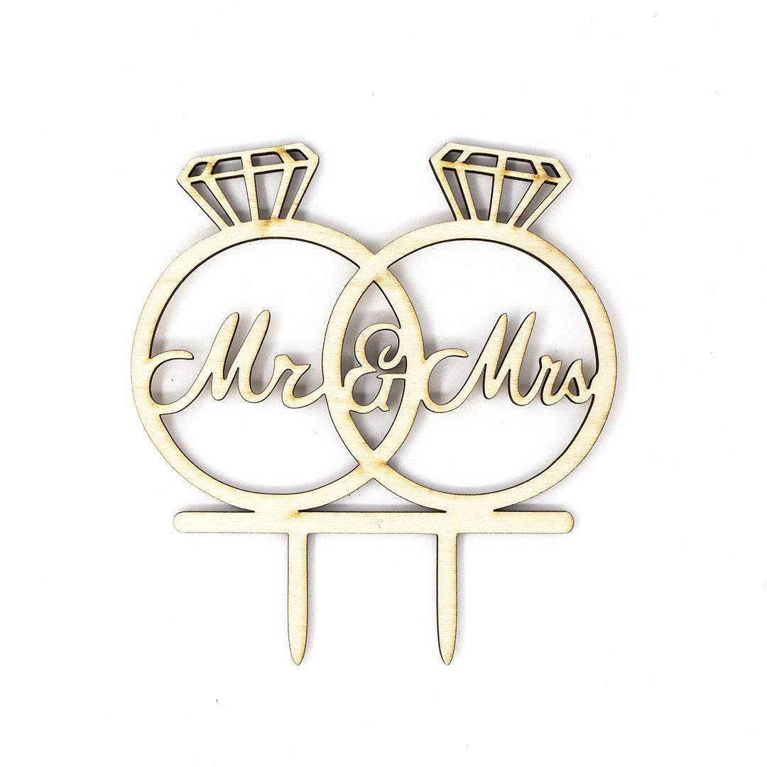 Wooderland laser-cut wooden cake topper featuring interlocking diamond rings and Mr & Mrs script for weddings