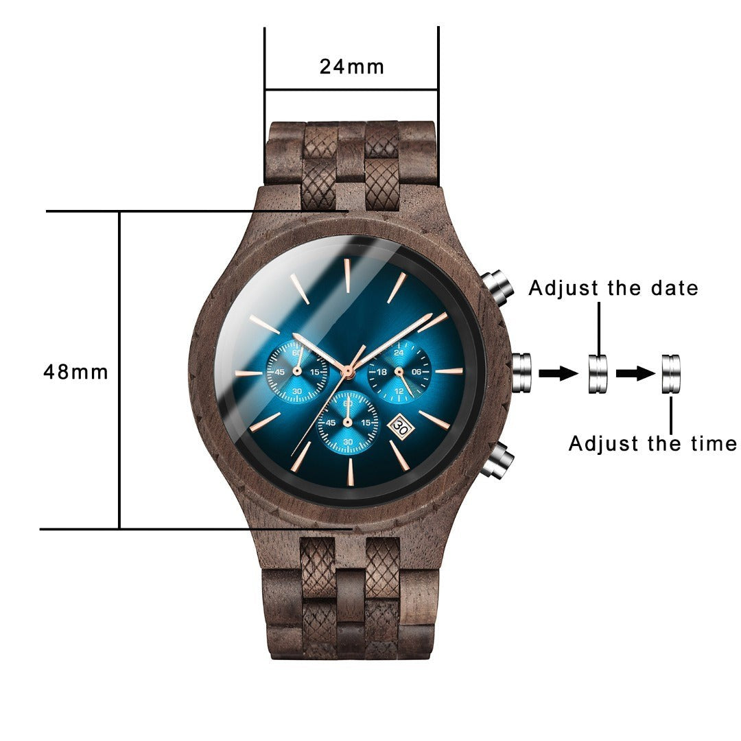 Wooderland Neptune wooden wristwatch with blue dial, chronograph features, and date display, 48mm case size.