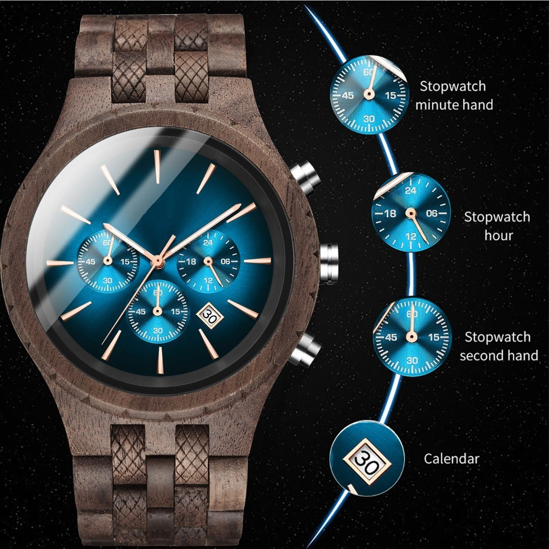 Wooderland Neptune wooden wristwatch with a dark brown wood band and a blue chronograph dial featuring calendar display