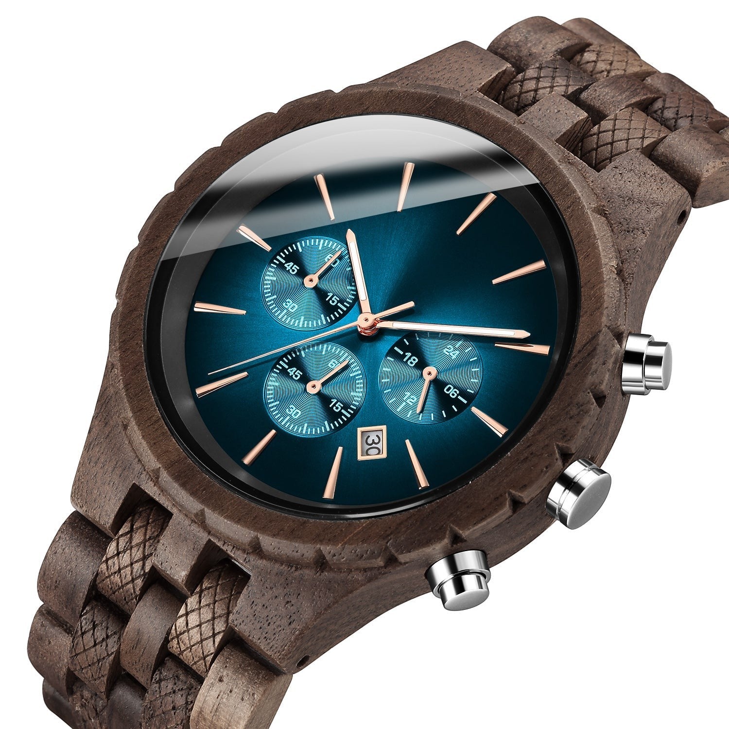 Wooderland Neptune wooden wristwatch with a dark wood band and a deep blue chronograph dial with rose gold accents.