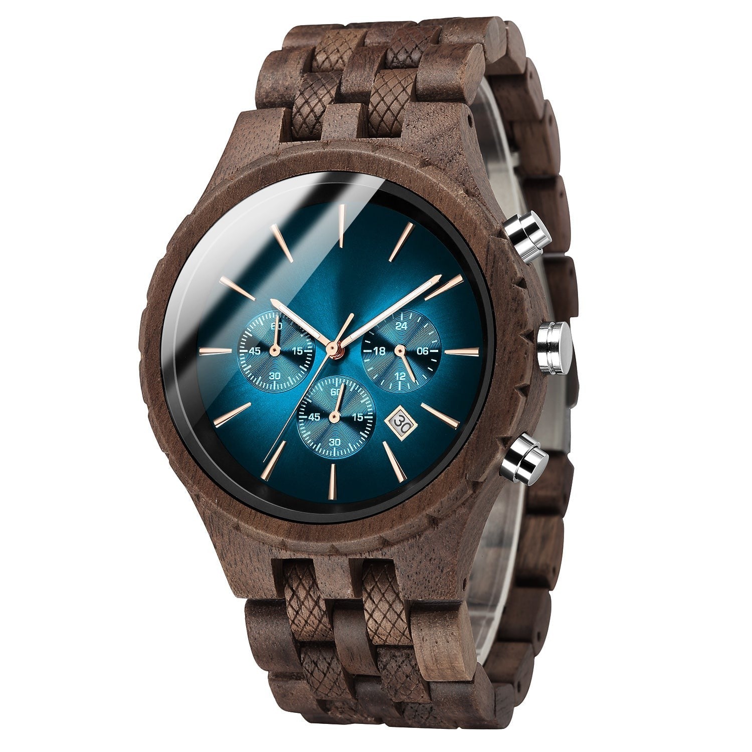 Wooderland Neptune wooden wristwatch with a dark wood band, blue sunray dial, and chronograph features.