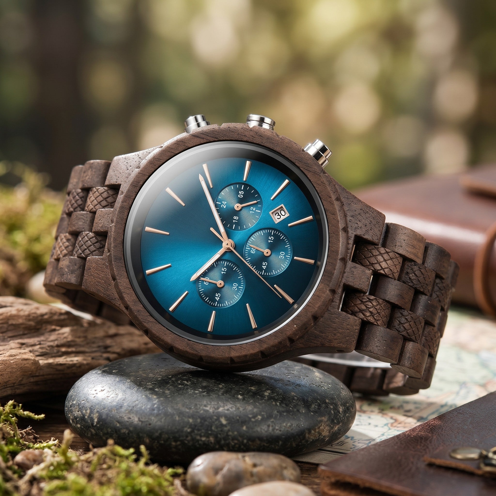 Wooderland Neptune wooden chronograph watch with a deep blue sunray dial and rose gold hands on a stone surface.