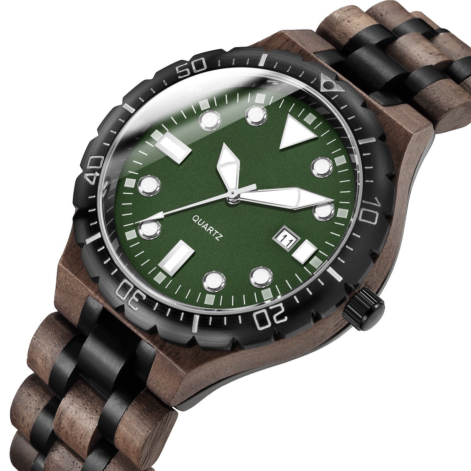 Wooderland Orcus wooden watch with a green dial, black bezel, and natural wood link strap featuring a date display.
