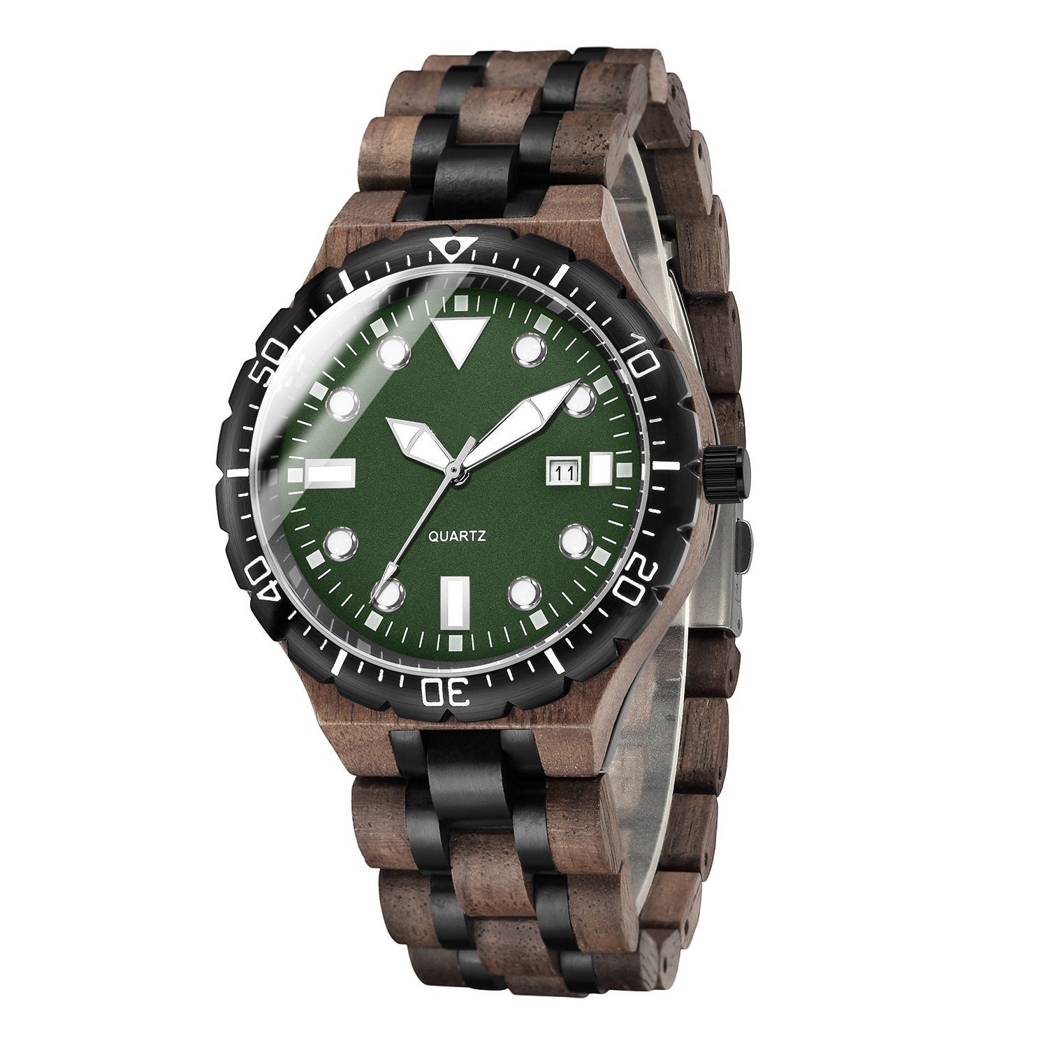Wooderland Orcus wooden watch with a green dial, black bezel, and two-tone brown and black wooden link strap.