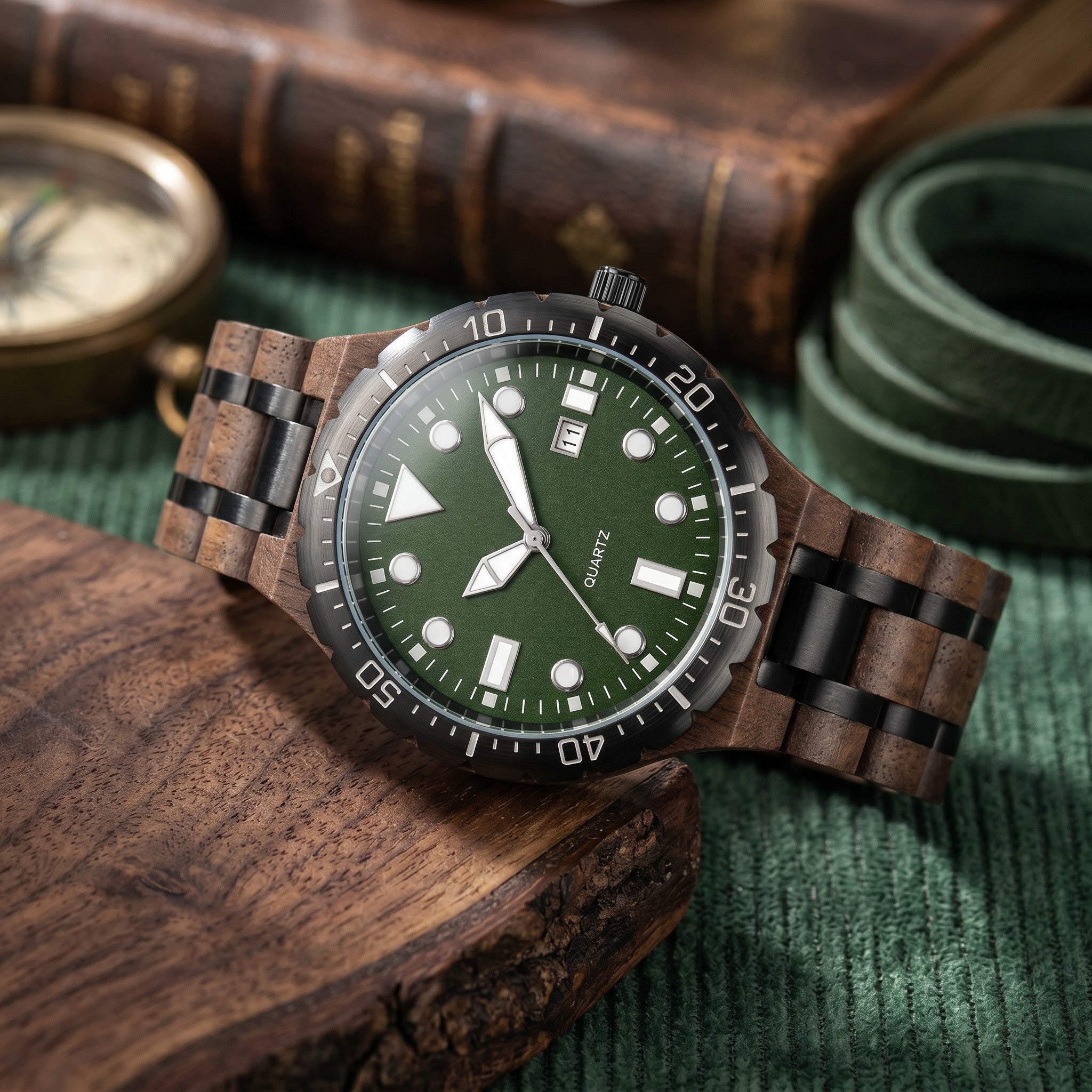 Wooderland Orcus wooden watch with a green dial, black bezel, and dark wood link strap on a rustic surface.