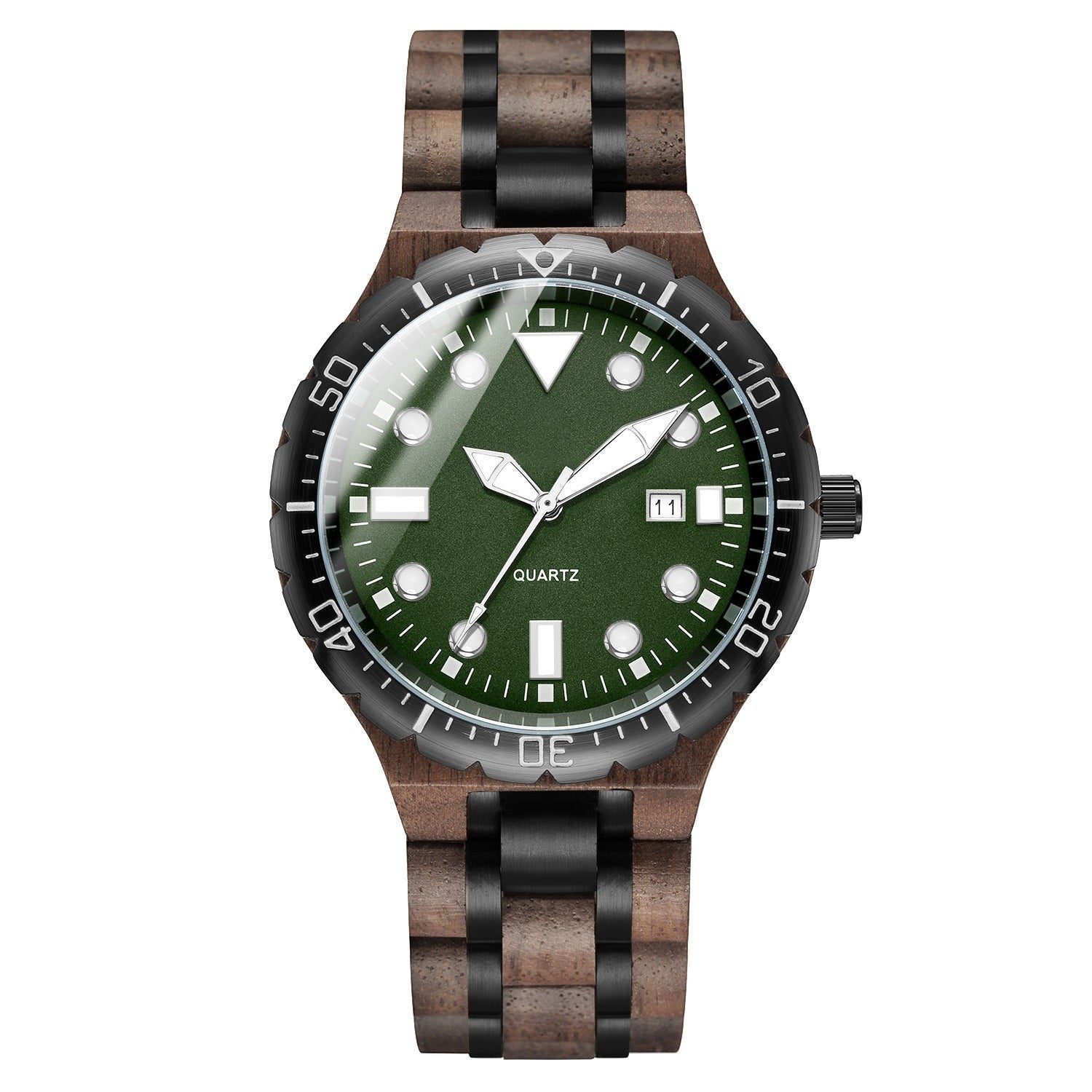 Wooderland Orcus wooden watch with a green dial, mineral glass, and a dark brown wood and black metal link strap.