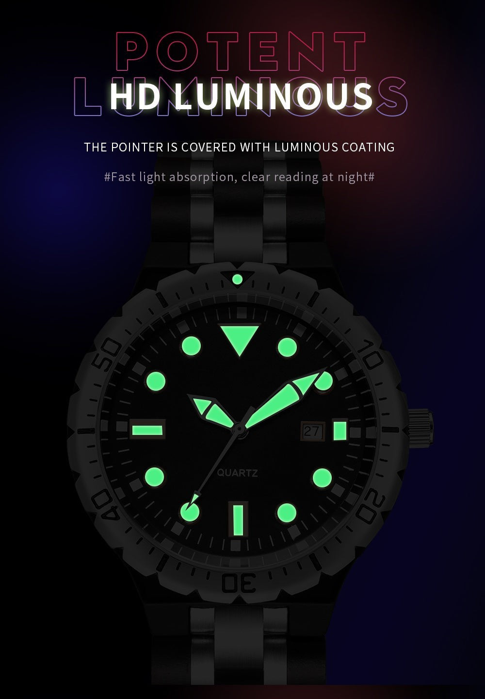 Wooderland Orcus wooden watch with glowing luminous hands and markers on a dark dial for clear night visibility