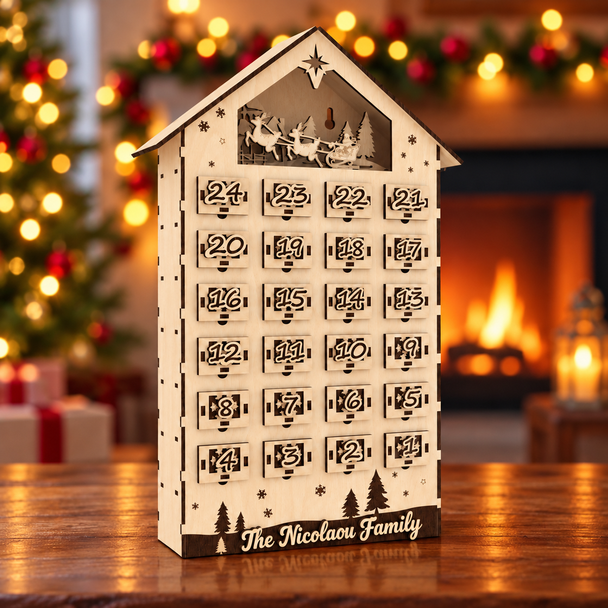 Personalised wooden Christmas advent calendar house with raised 3D family name