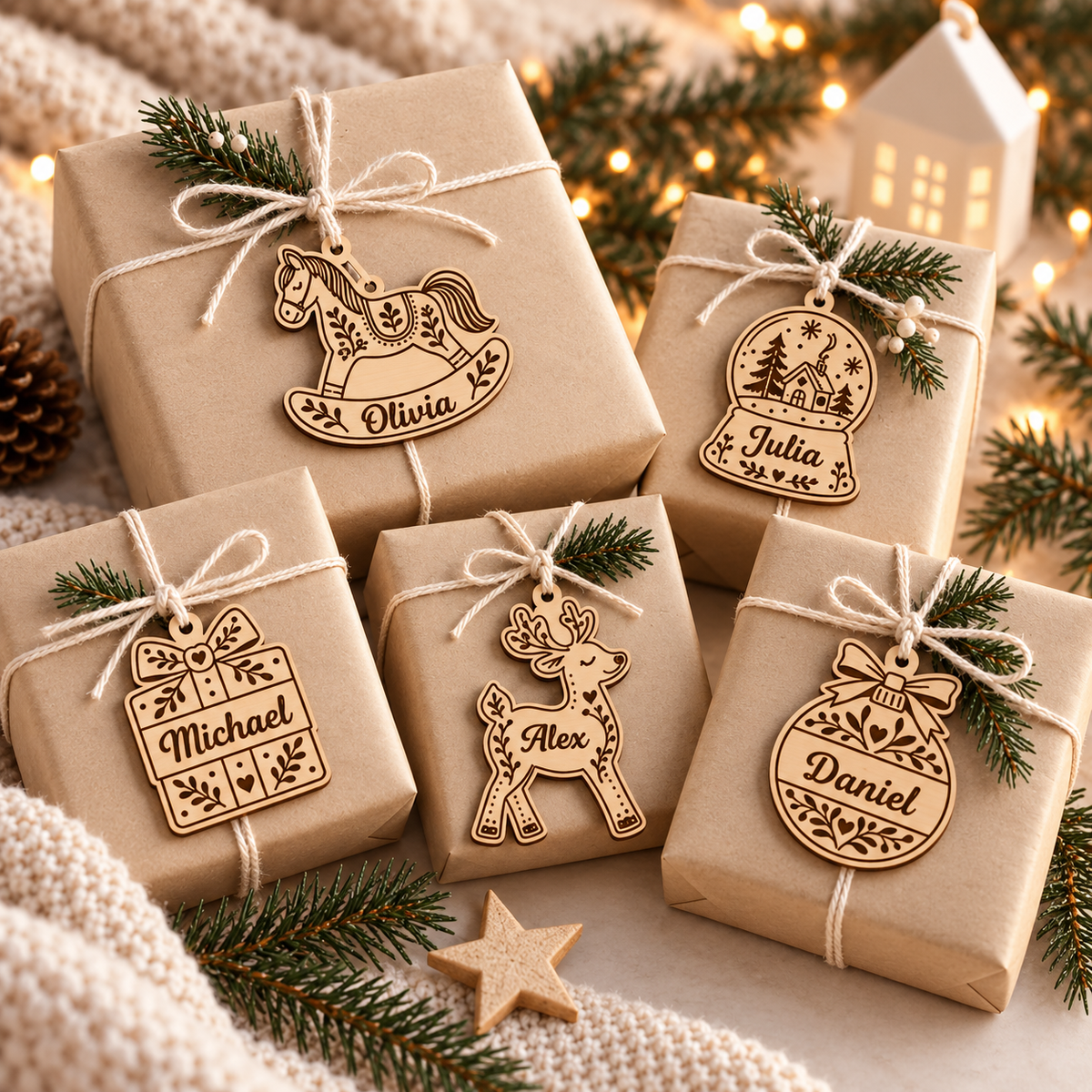 Five personalised wooden Christmas gift tag ornaments on wrapped presents