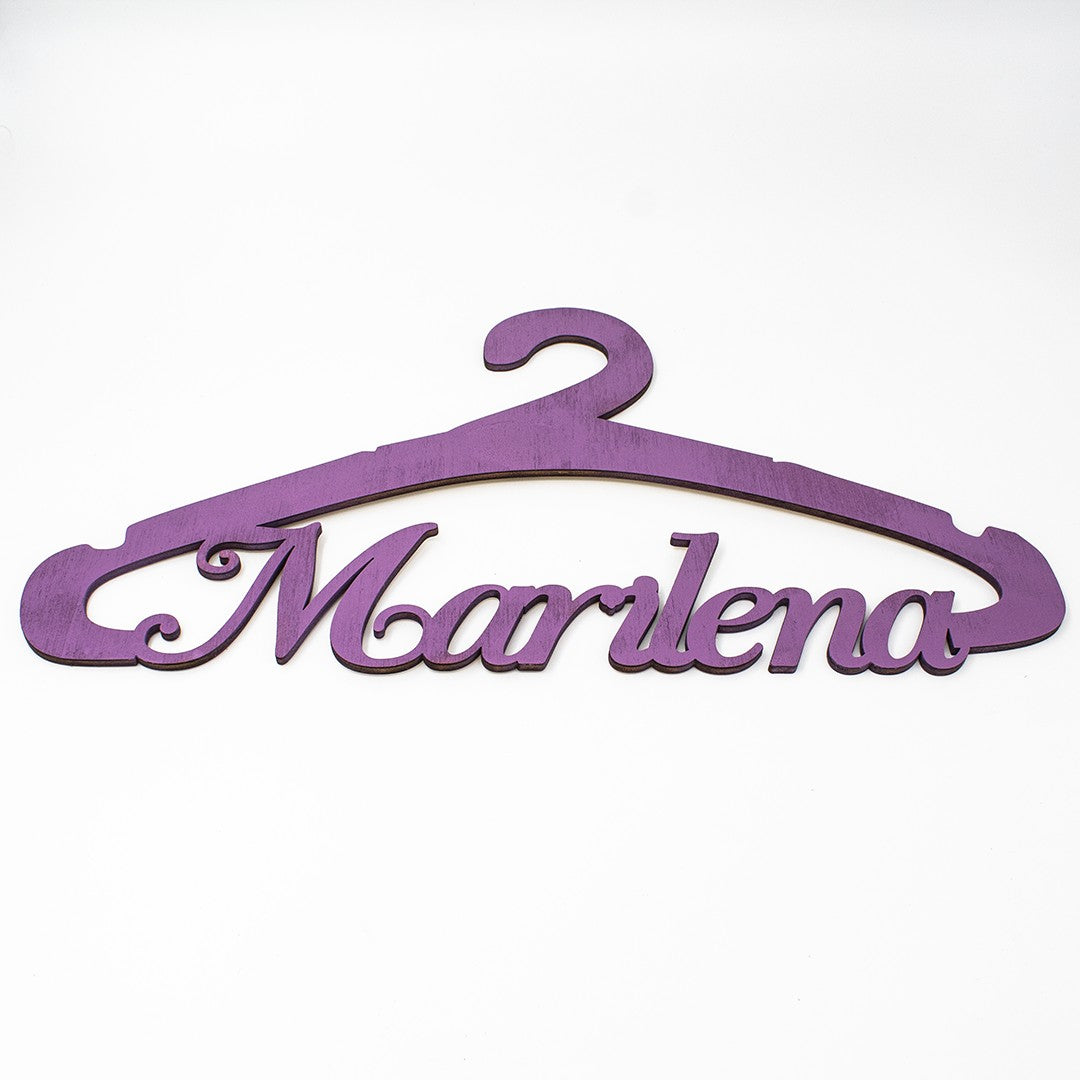 Wooderland personalised purple wooden christening hanger with the name Marlena in elegant script lettering.