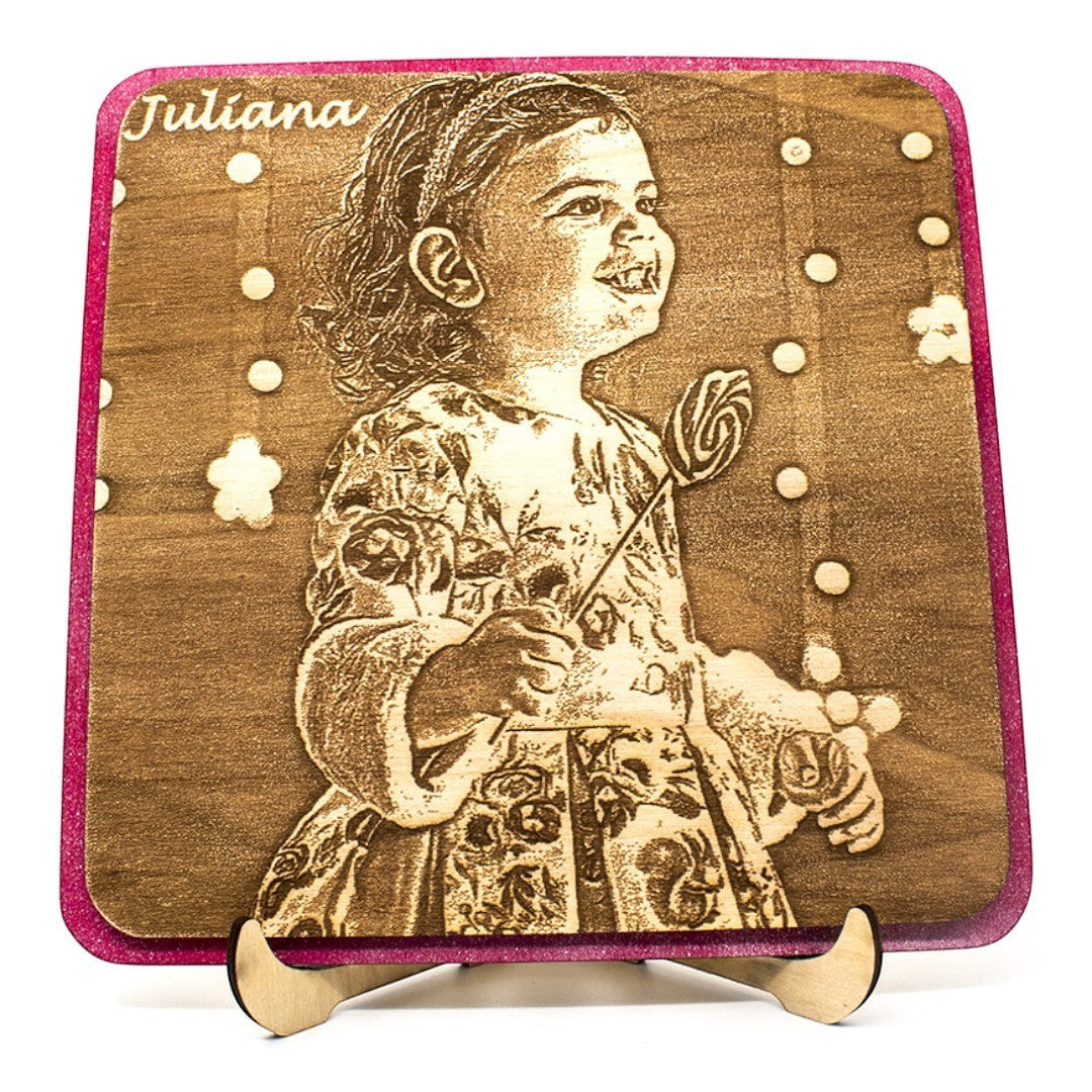 Wooderland personalised wooden photo portrait with pink border featuring an engraved portrait of a young girl named Juliana