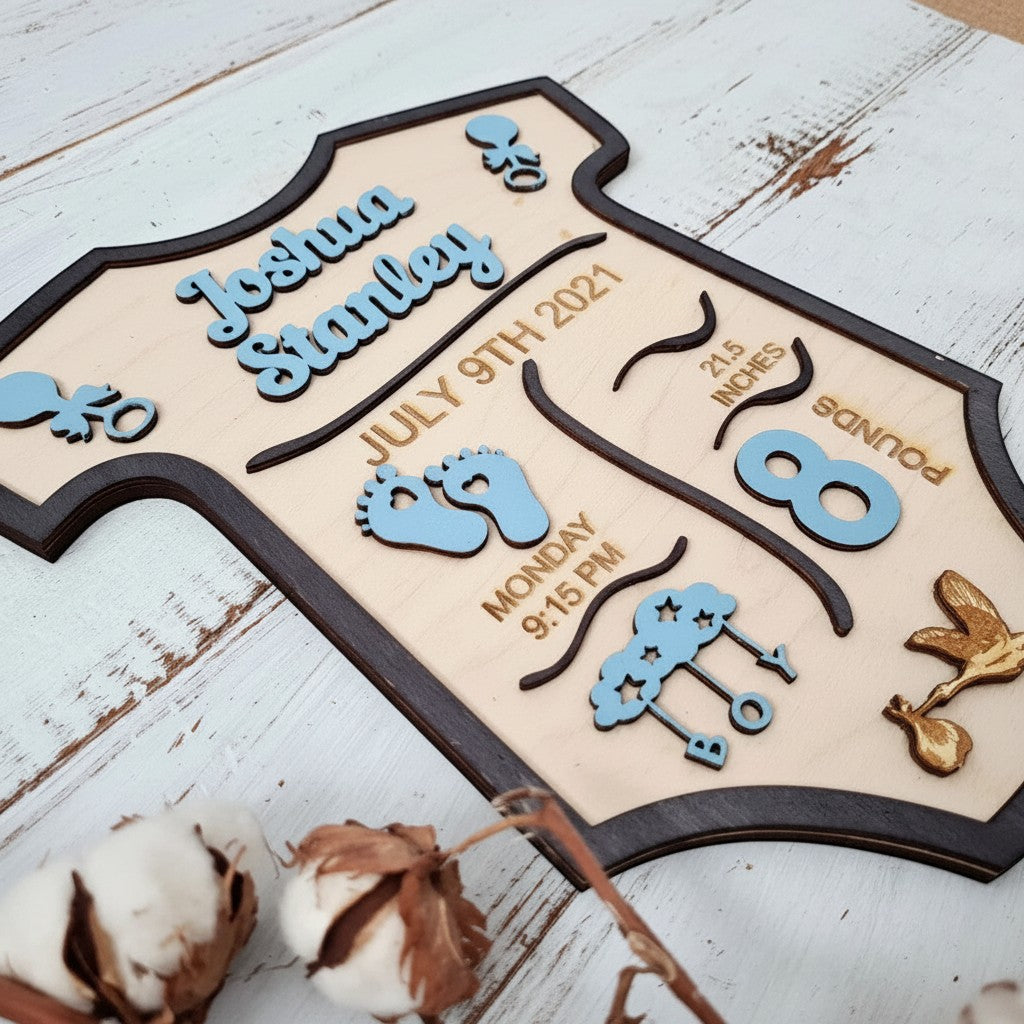Wooderland personalized baby boy birth announcement sign shaped like a onesie with blue engraved details on wood.
