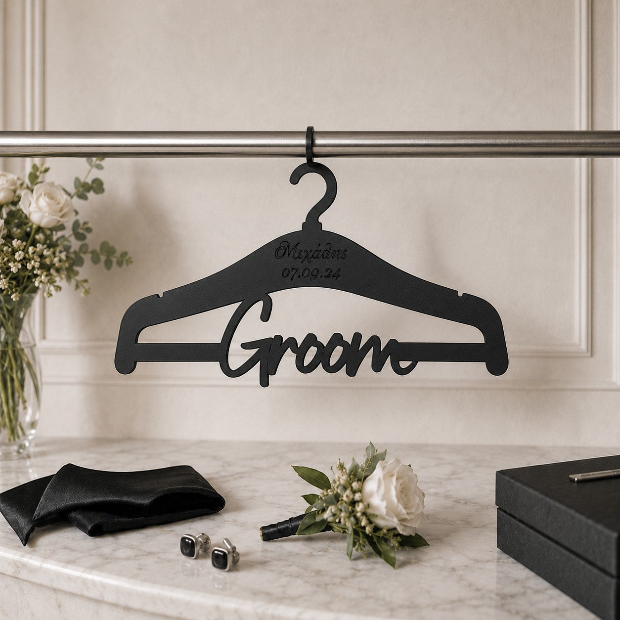 Wooderland personalized matte black wooden groom hanger with custom name and date engraving for wedding photos
