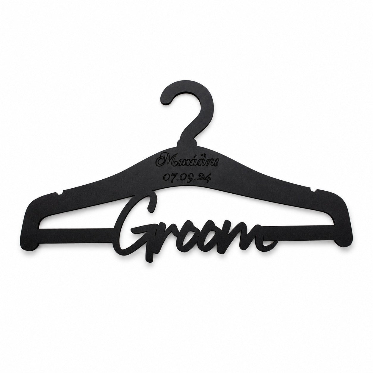 Wooderland personalized matte black wooden wedding hanger with Groom script cutout and custom engraved name and date