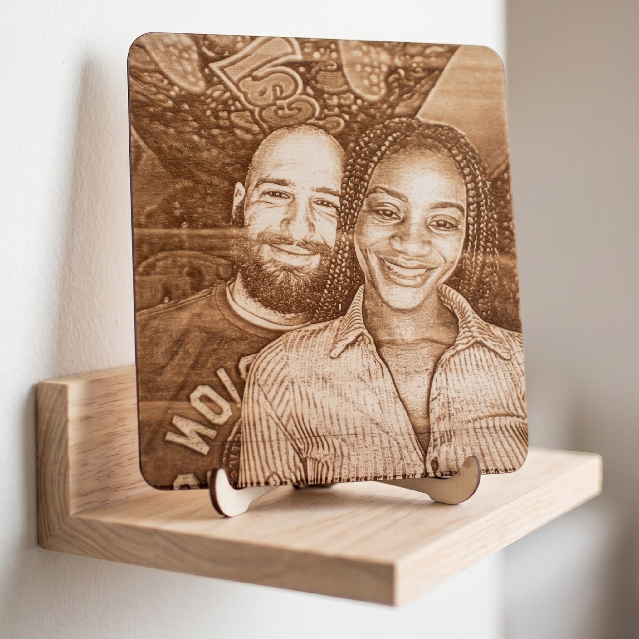 Wooderland personalized wooden portrait with a laser-engraved couple photo on a matching free-standing wooden base.