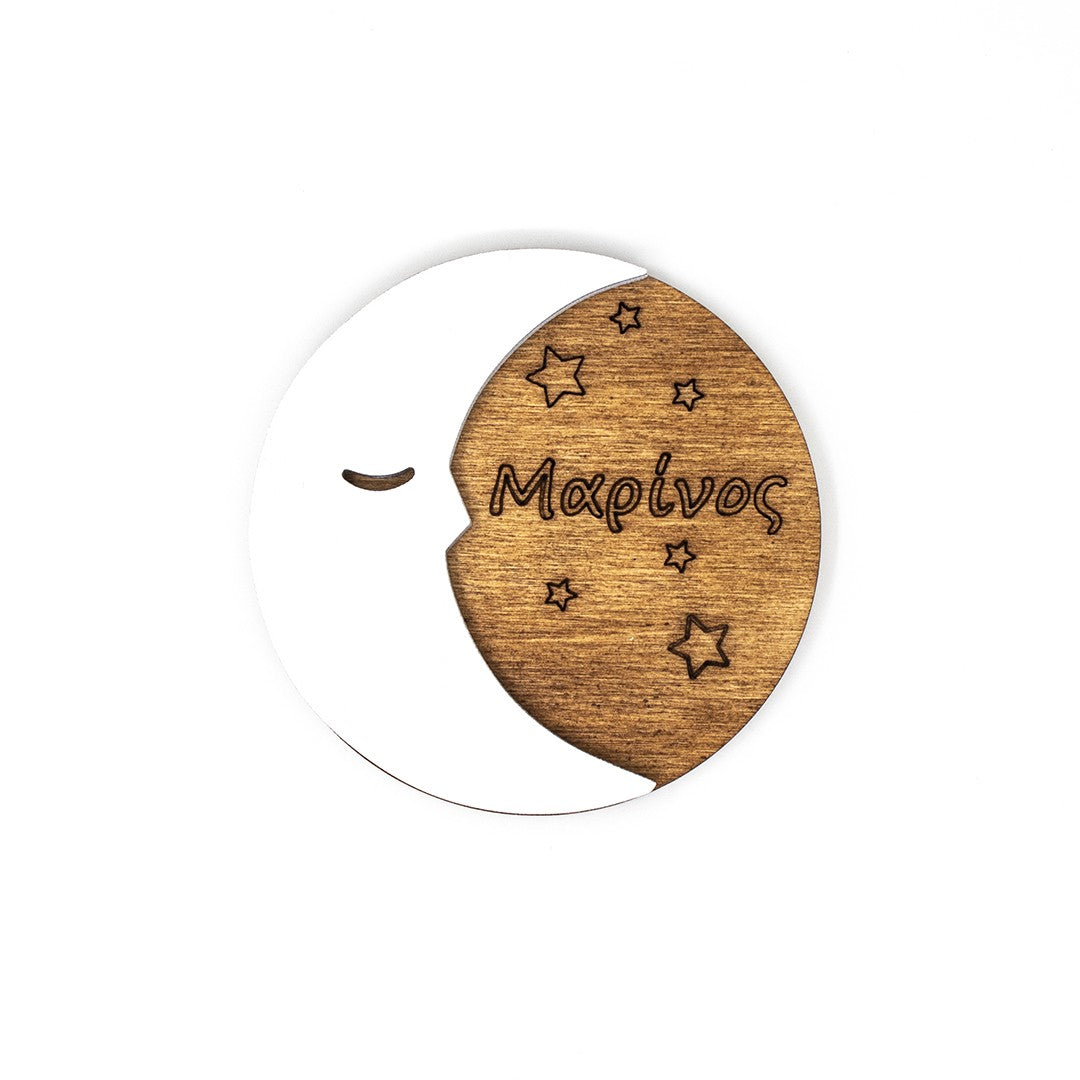 Wooderland personalized half moon wooden ornament with engraved name and star details for christening favors