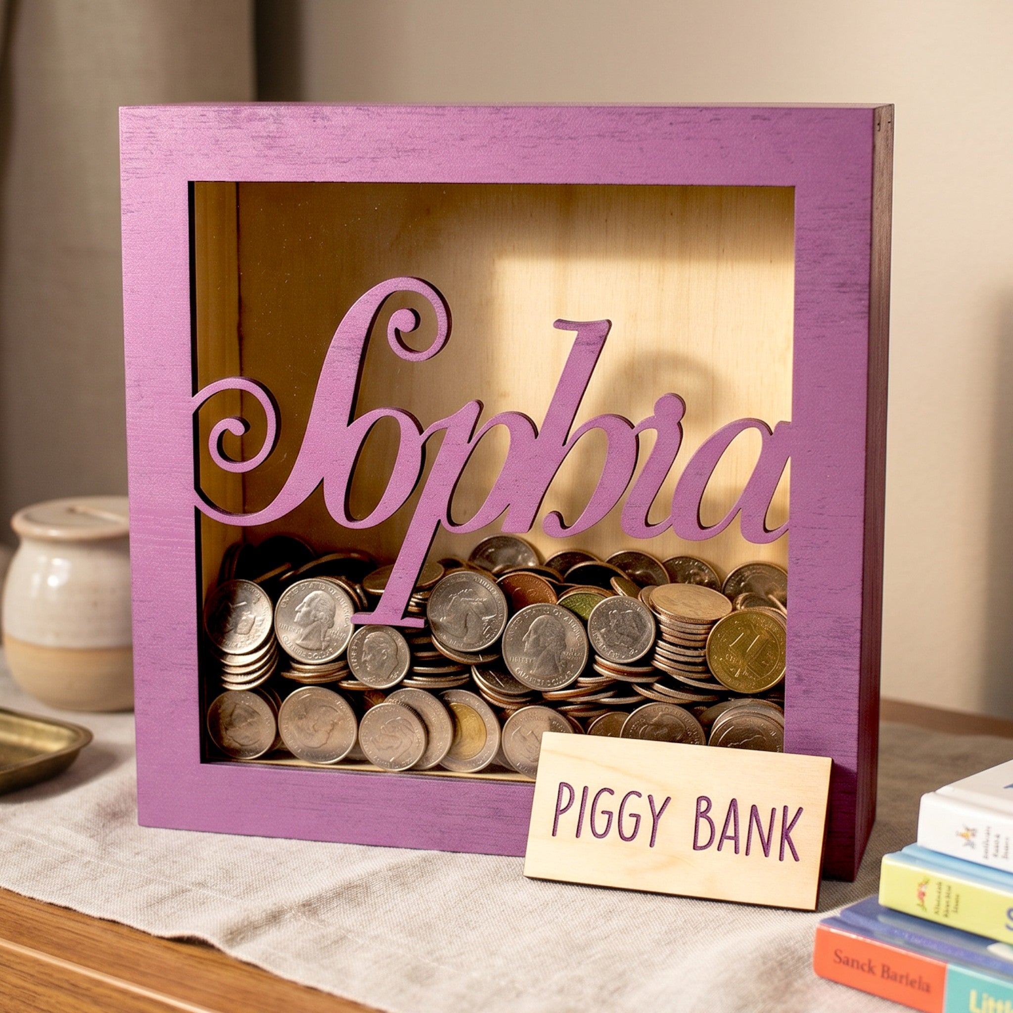 Wooderland personalized purple wooden money box with clear acrylic front and custom script name engraving