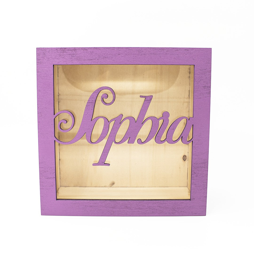 Wooderland personalized purple wooden money box with a clear acrylic front featuring the name Sophia in script