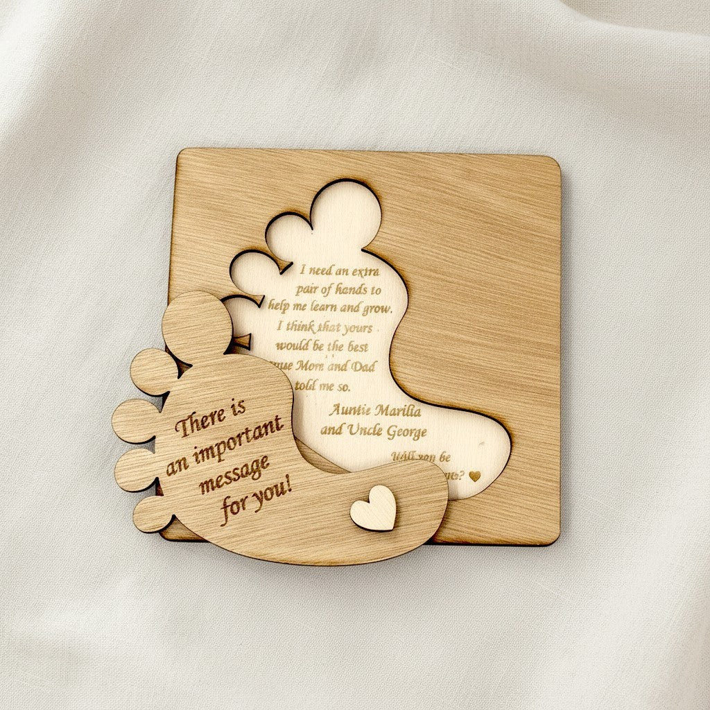 Wooderland personalized wooden keepsake box for godparents featuring a foot-shaped cutout and engraved message.