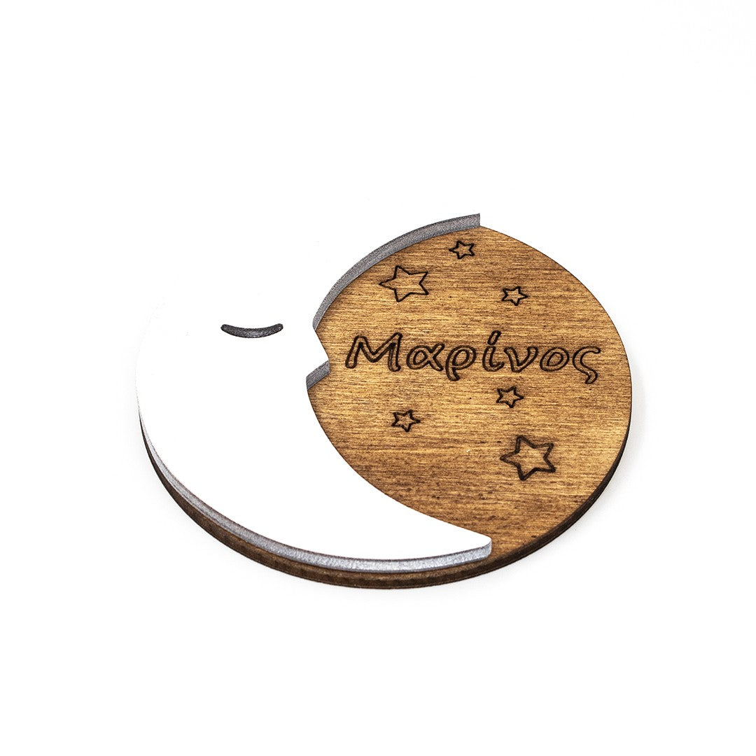 Wooderland personalized 10cm wooden half moon ornament with engraved name and star details for event favors.