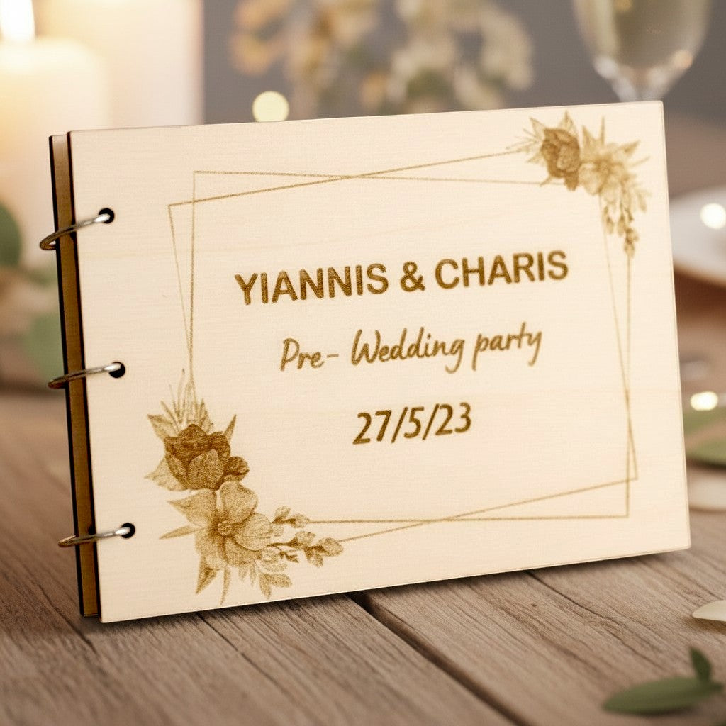 Wooderland A5 wooden wish book with floral engraving and personalized text for a pre-wedding party