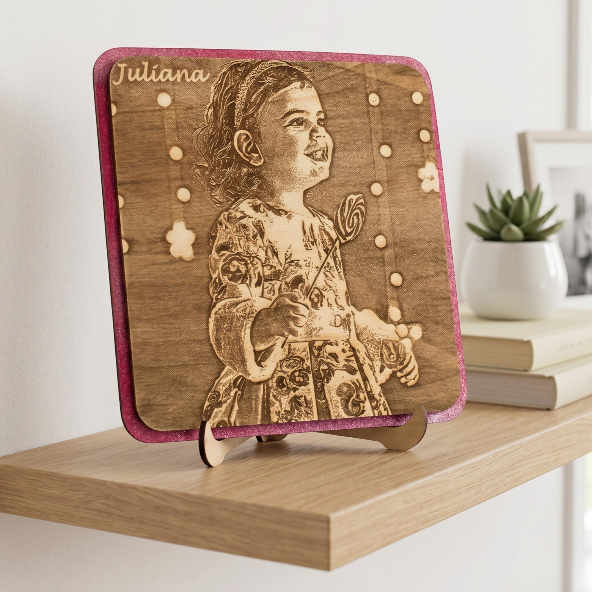 Wooderland pink wooden photo portrait with custom laser engraving of a child on a display stand on a shelf