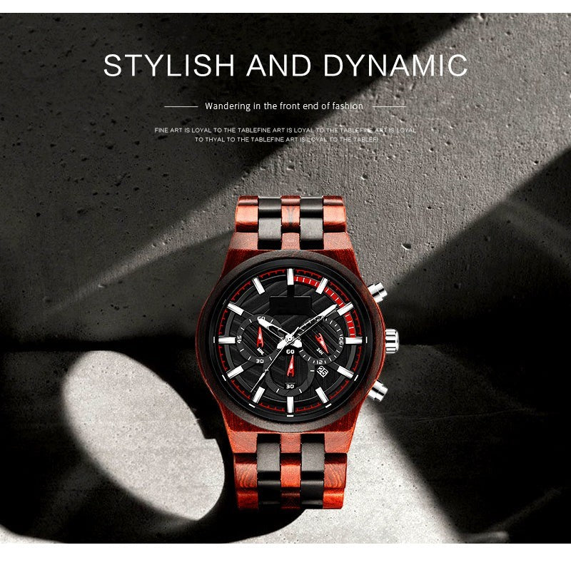 Wooderland Pluto wooden watch with a two-tone red and black wood link strap and multifunctional chronograph dial.