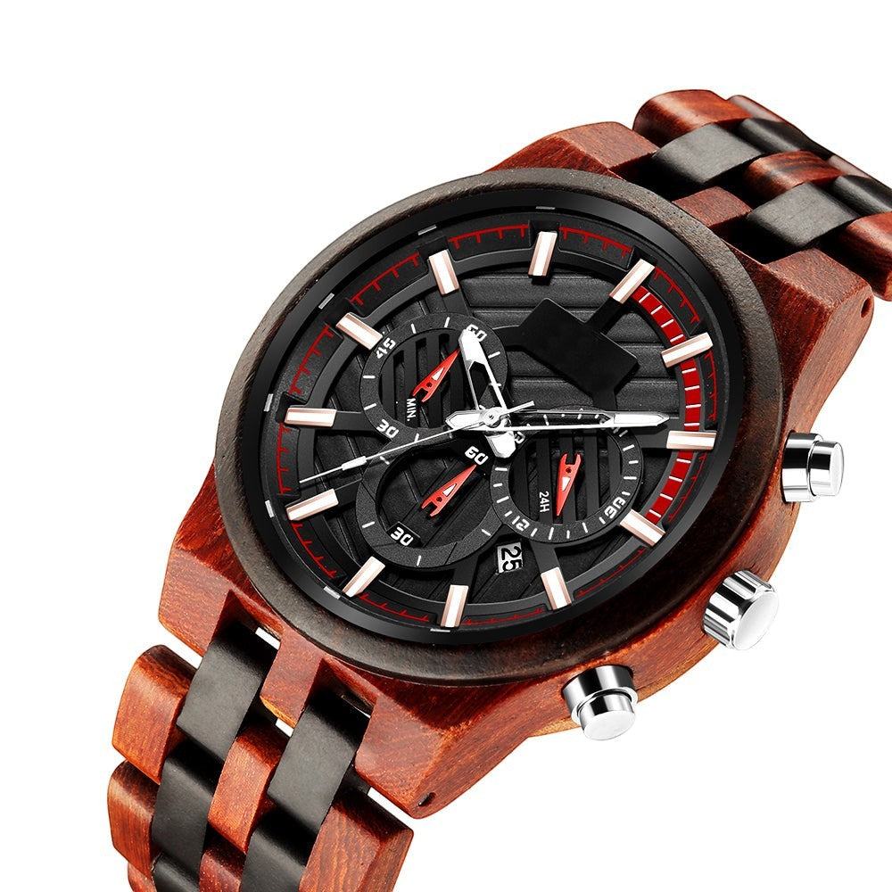 Wooderland Pluto wooden watch with a black multifunctional dial, red accents, and a two-tone brown and black wood strap.