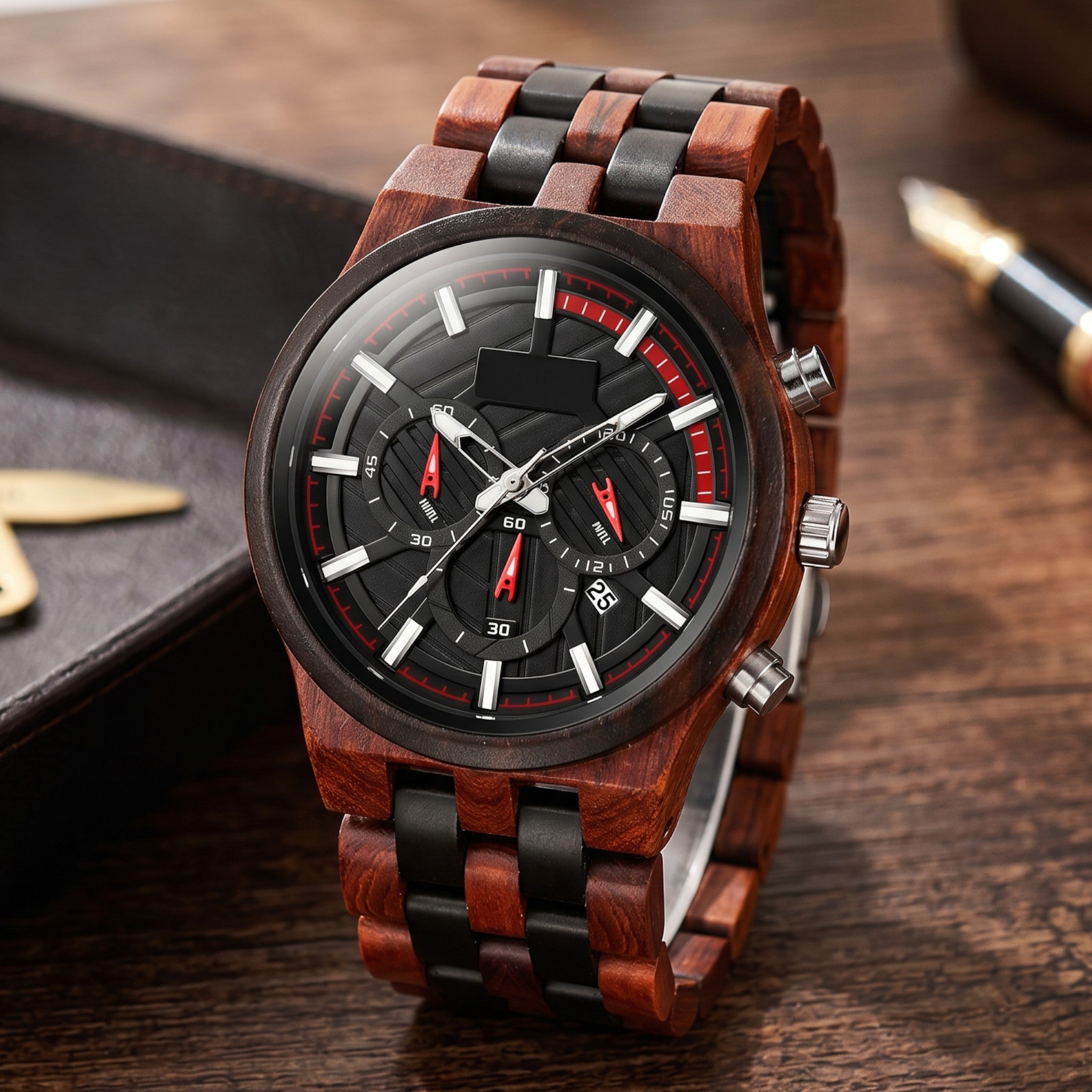 Wooderland Pluto wooden watch with a two-tone brown and black link strap, black dial, and red accents on a wooden desk.