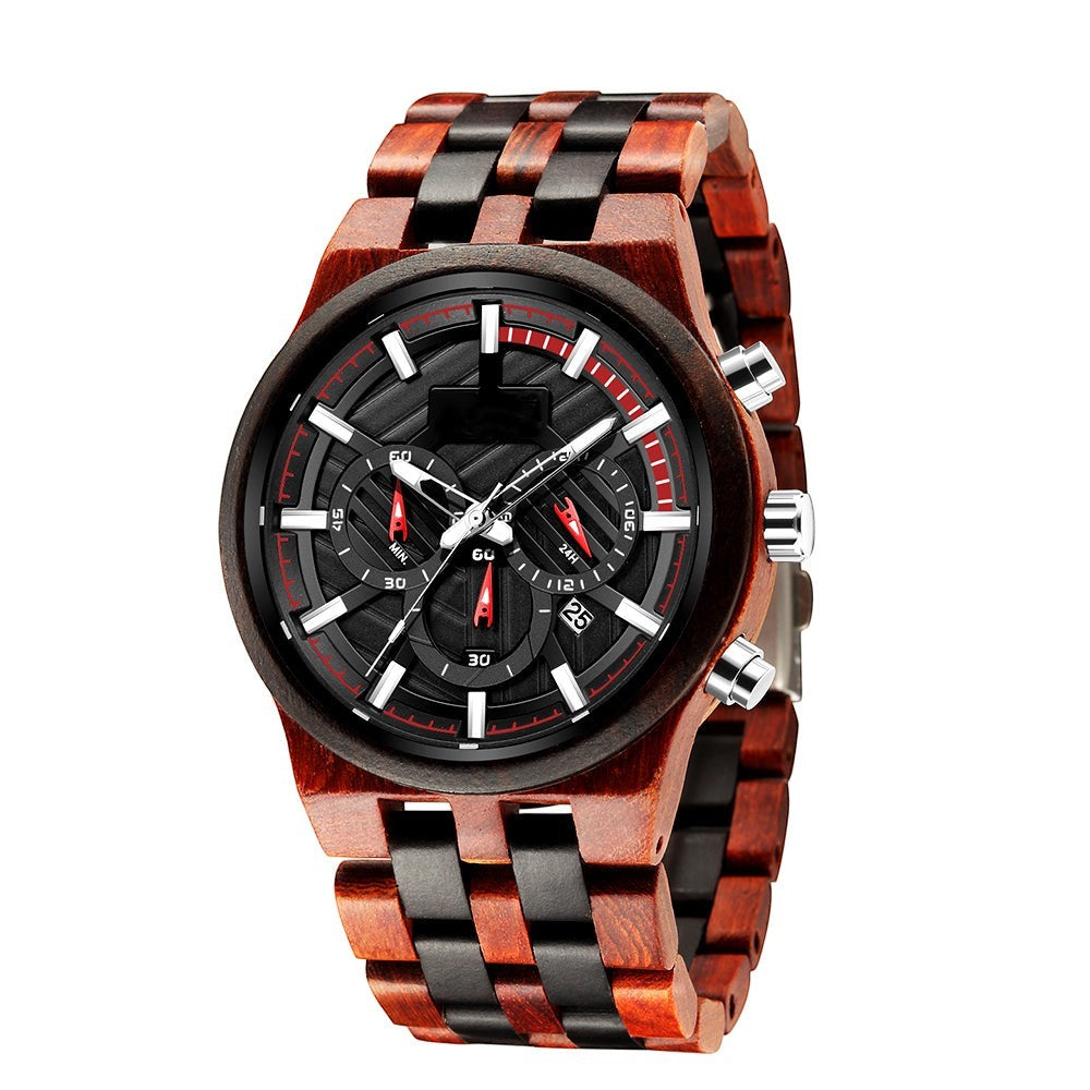 Wooderland Pluto wooden watch with a two-tone brown and black link strap, black dial, and red accents.