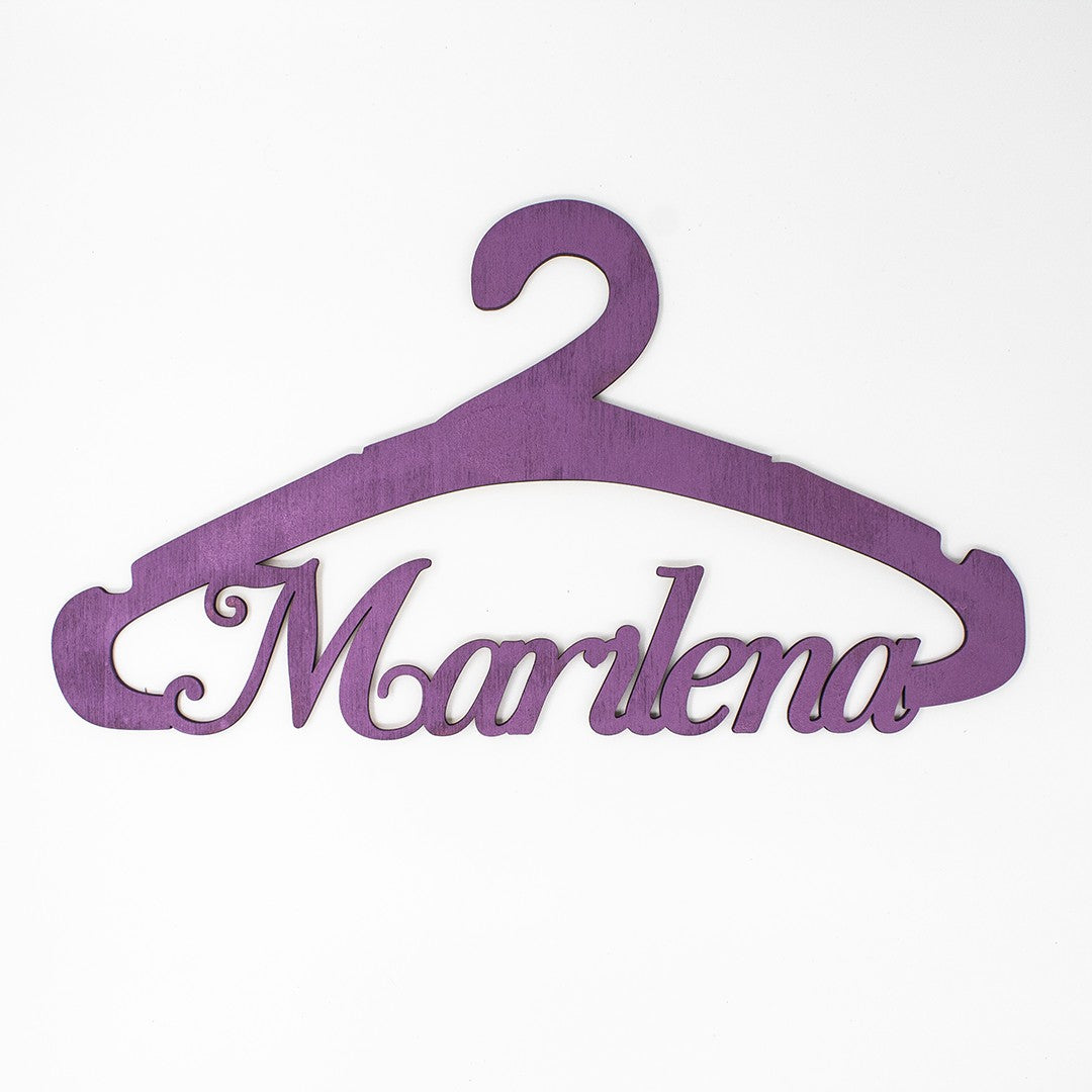 Wooderland purple wooden christening hanger with custom Marlena name cutout for special occasion outfits