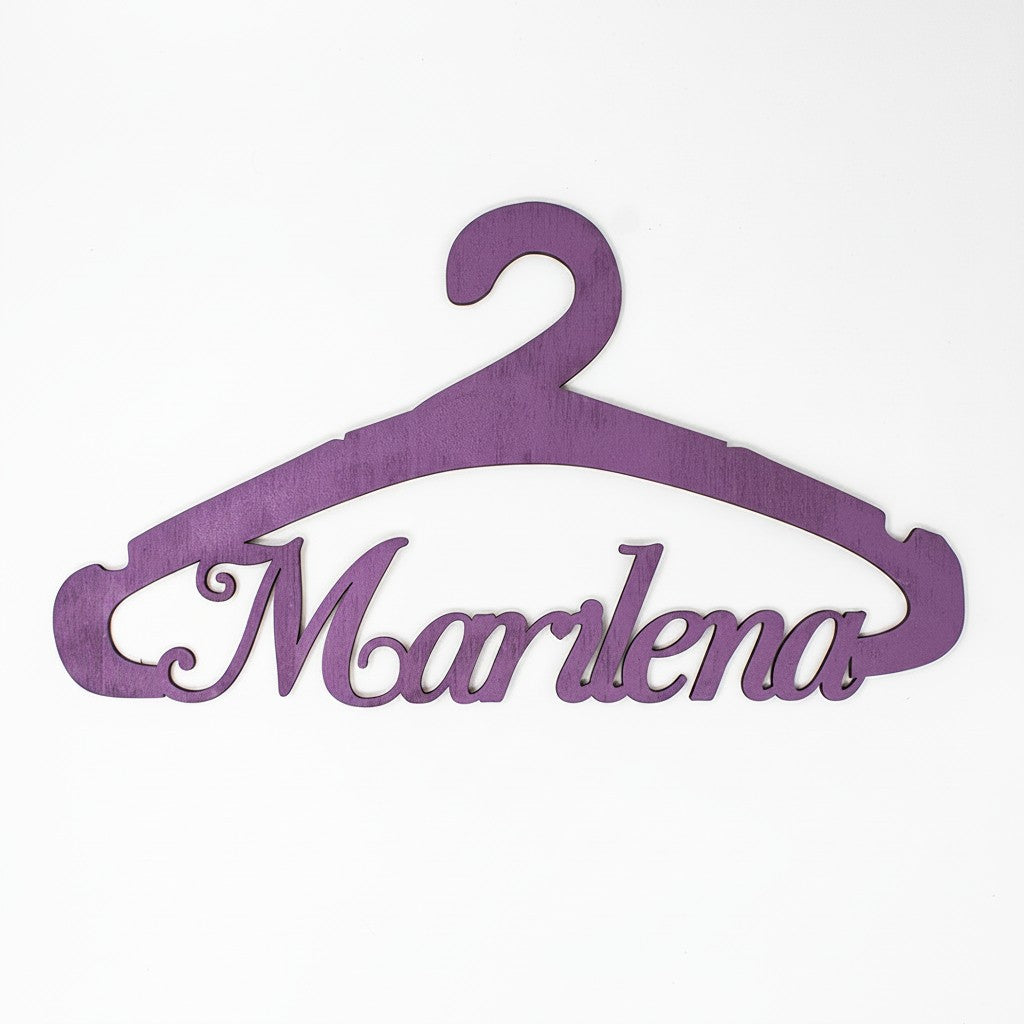 Wooderland personalised purple wooden christening hanger with the name Marlena in elegant cursive script.