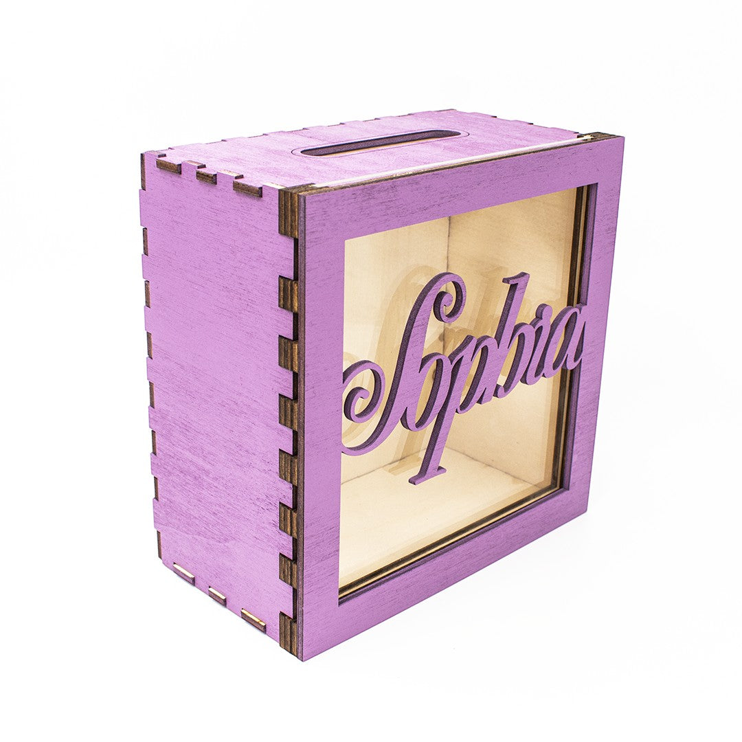 Wooderland purple wooden money box with clear acrylic front and personalized Sophia name engraving