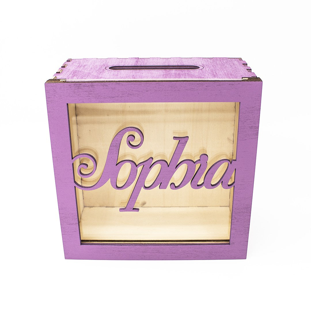 Wooderland personalized purple wooden money box with a clear acrylic front featuring the name Sophia in script.