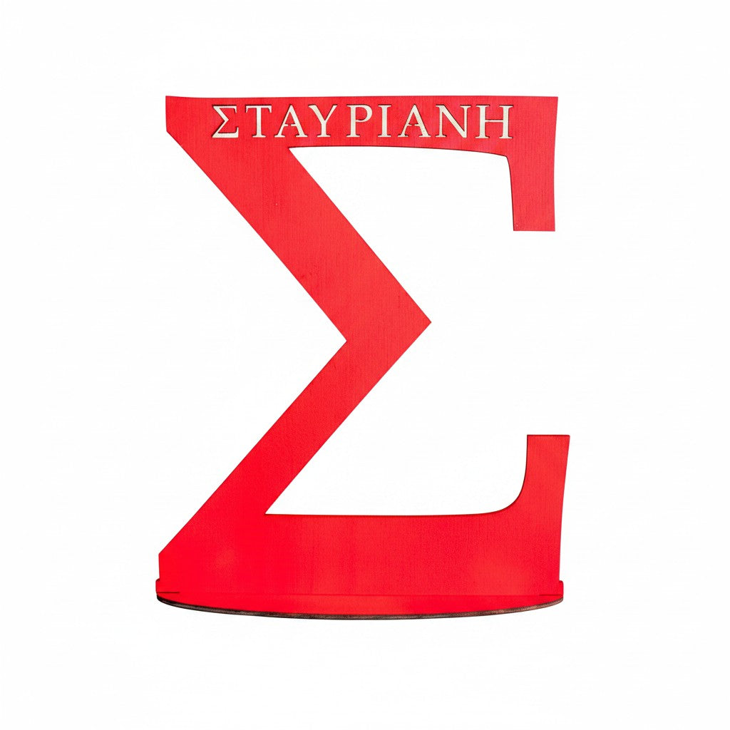 Wooderland custom red wooden Sigma letter sign with Greek name engraving on a sturdy base for personalized room decor.