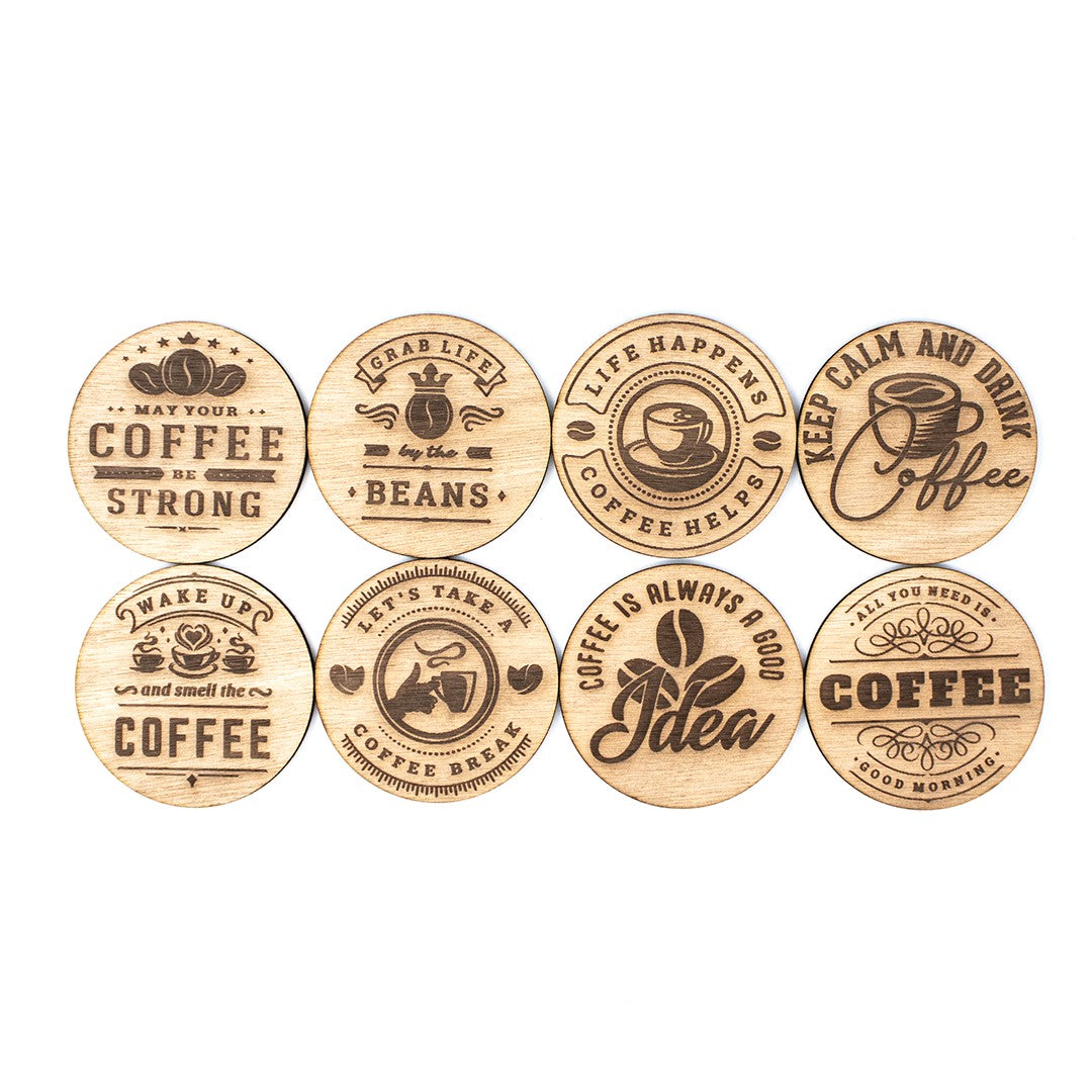 Set of eight Wooderland rustic wooden coasters featuring various coffee-themed quotes and illustrations