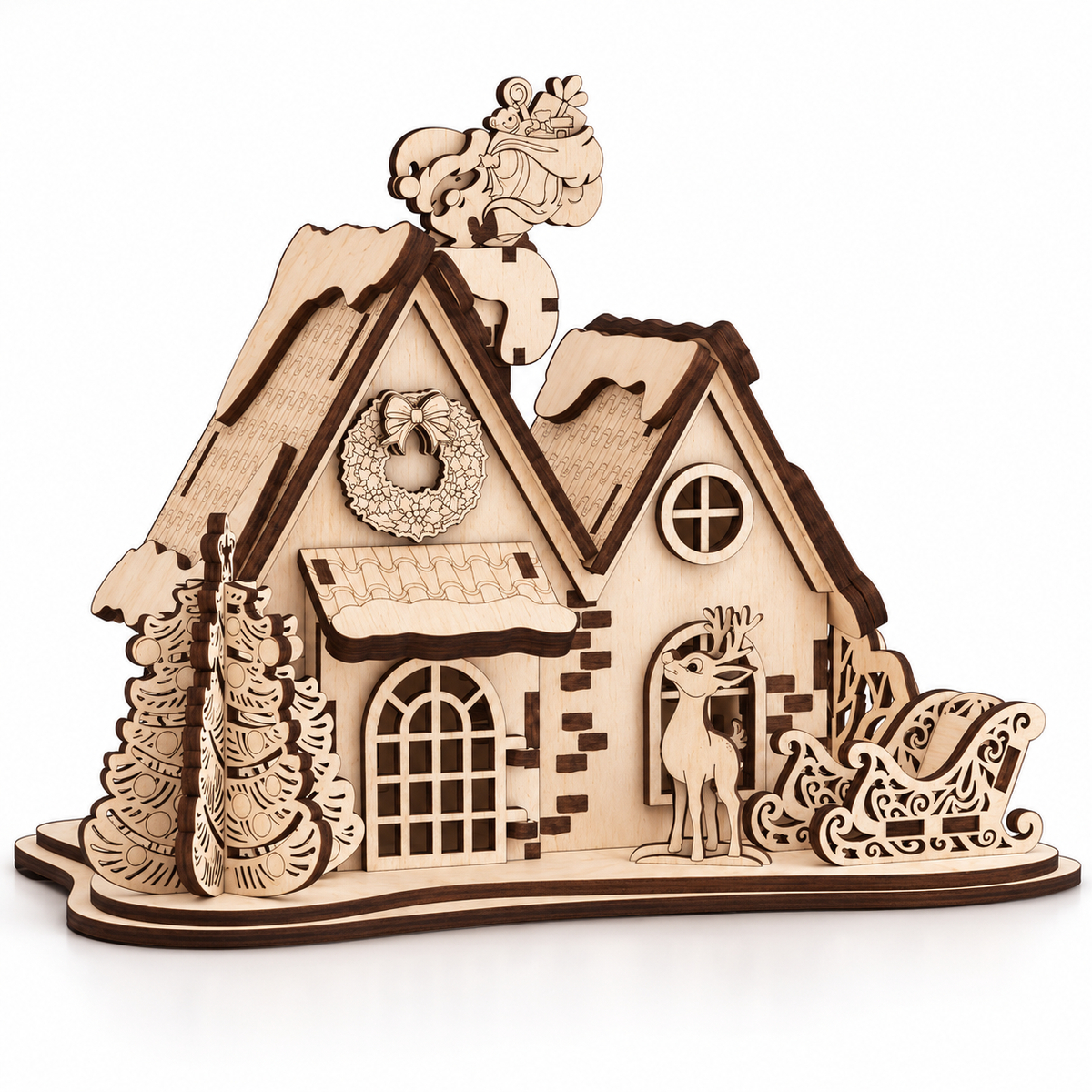 Natural wooden Christmas cottage with Santa, reindeer, decorated tree and sleigh, without lighting