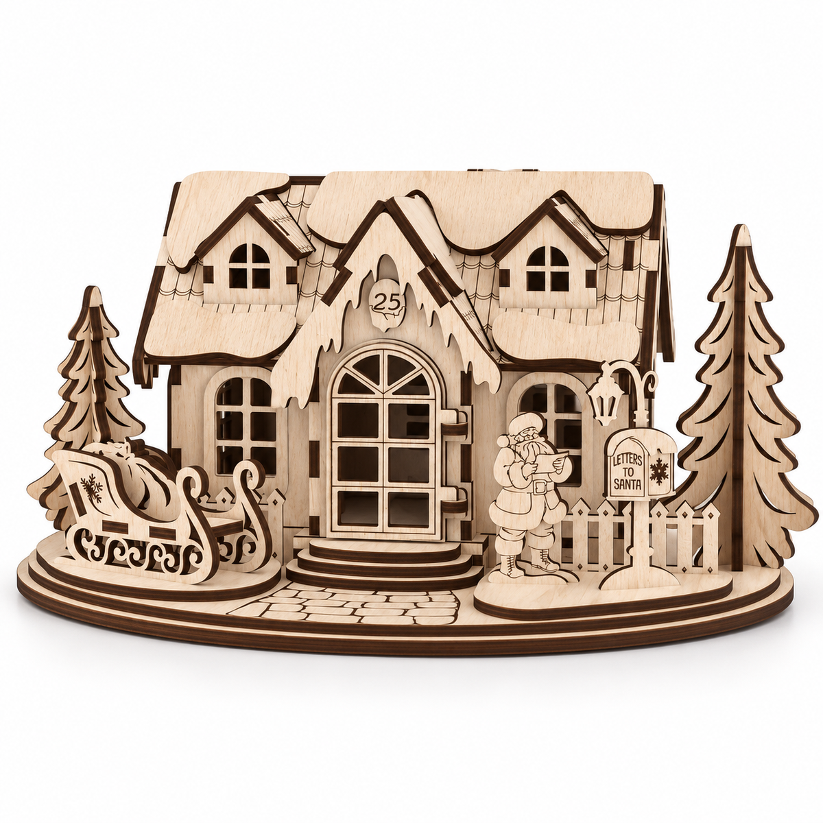 Natural wooden Santa Christmas house scene with sleigh, trees and mailbox, without lighting