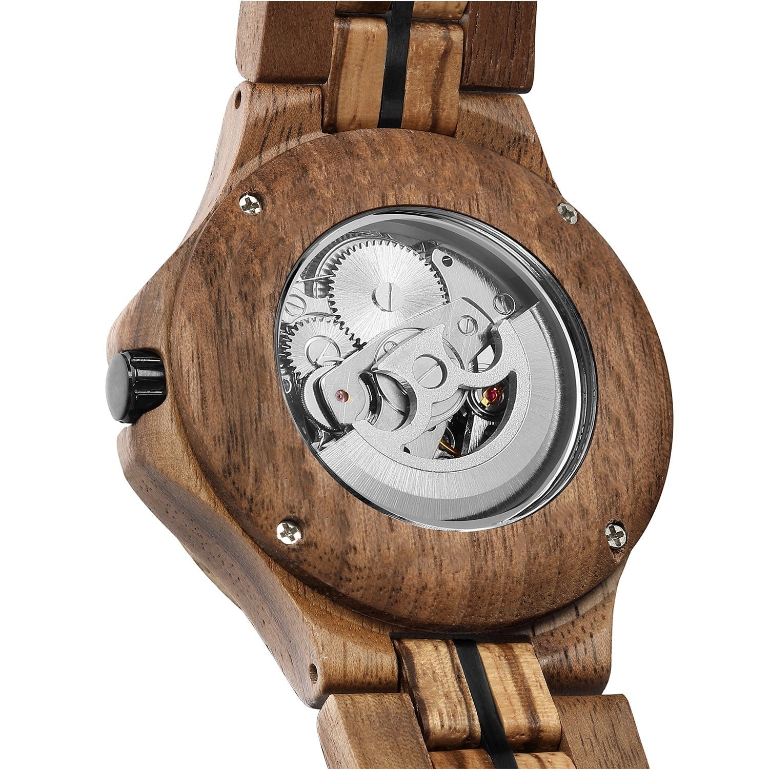 Wooderland Saturn automatic wooden watch showing the intricate mechanical movement through a clear case back