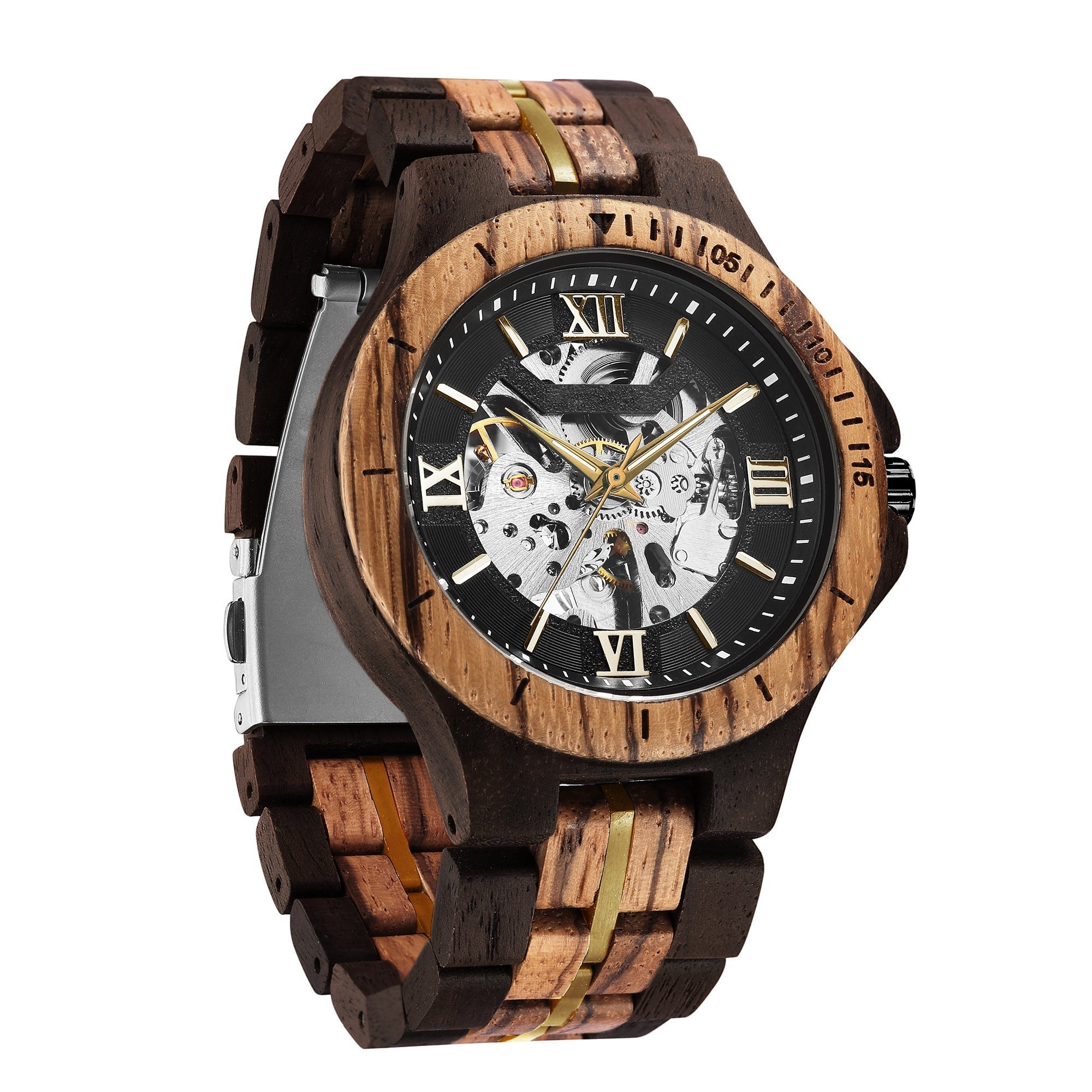 Wooderland Saturn automatic wooden watch with a skeleton dial, two-tone wood and gold link strap, and mineral glass.