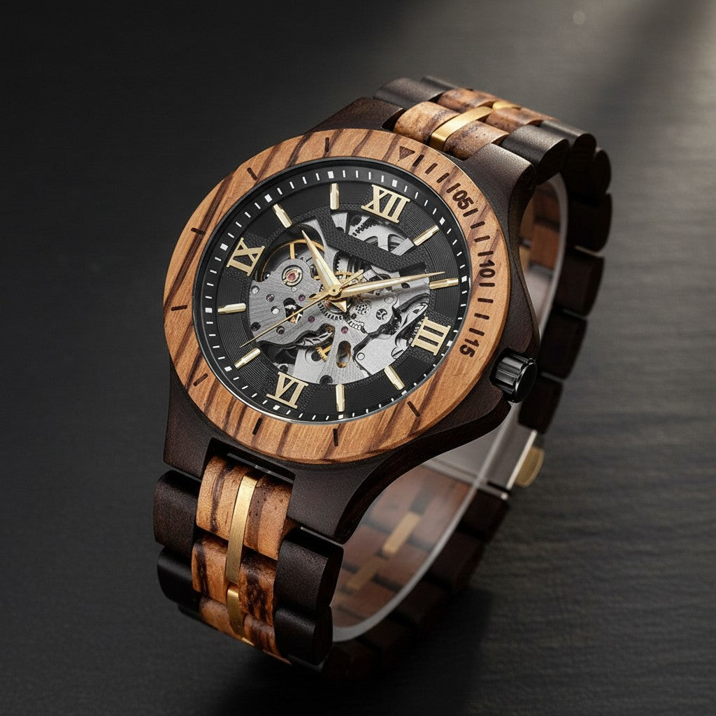 Wooderland Saturn automatic wooden watch with a skeleton dial, gold Roman numerals, and a two-tone wood link strap.