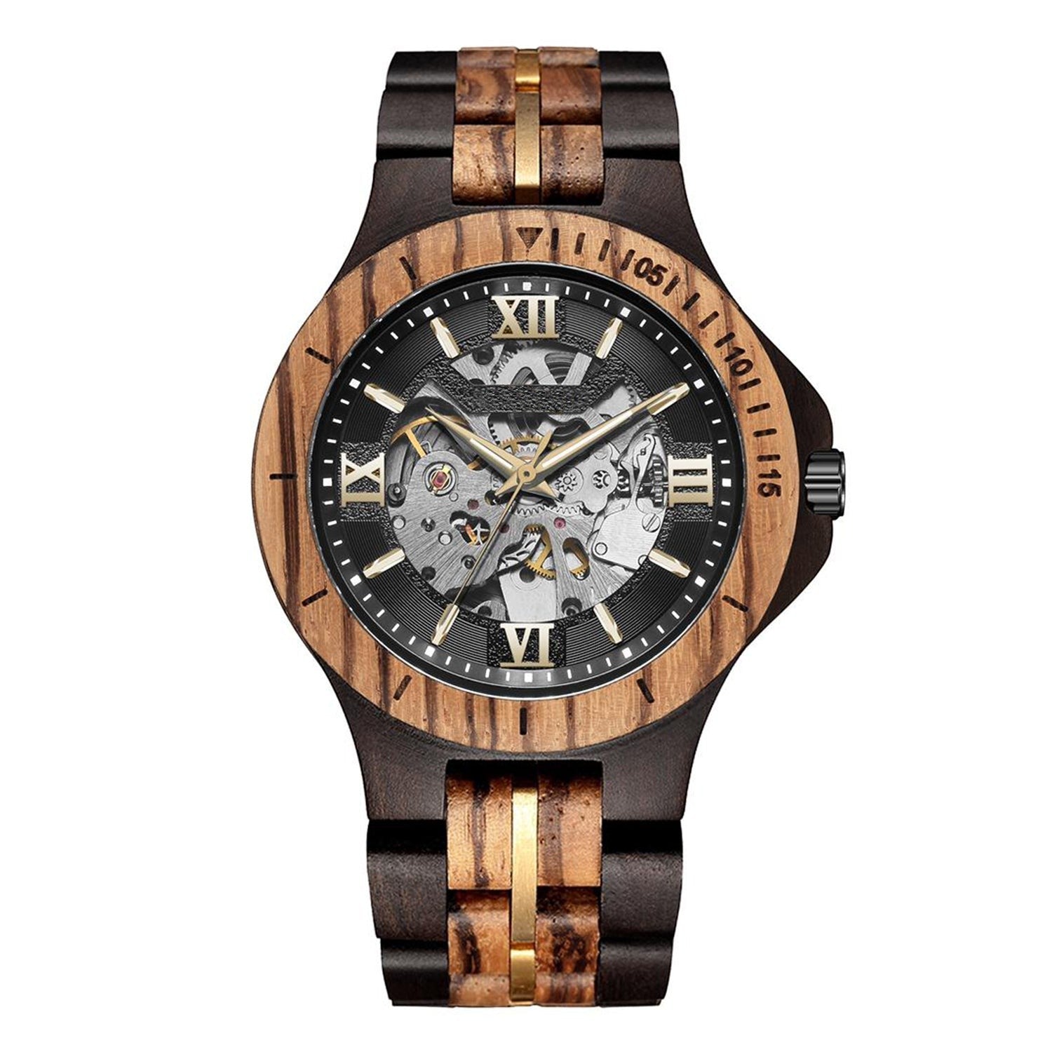 Wooderland Saturn automatic wooden watch with a skeleton dial, gold accents, and a dark wood link strap.