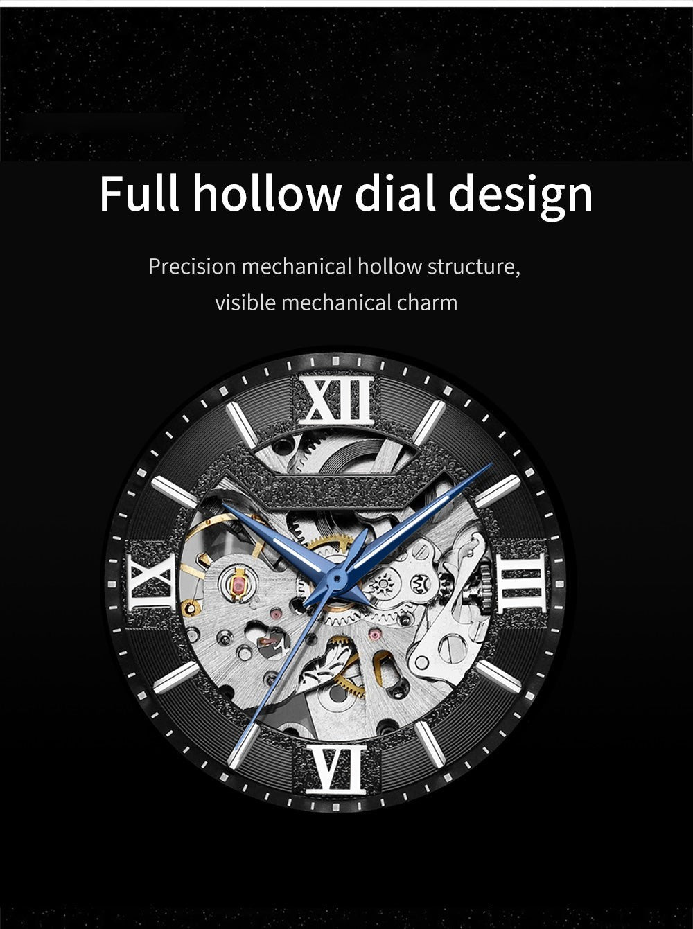 Wooderland Saturn Watch featuring a black full hollow dial with visible mechanical movement and blue hands.