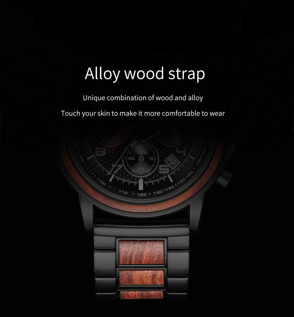 Wooderland Sedna watch featuring a black alloy and natural wood link strap with a multifunctional dark dial.