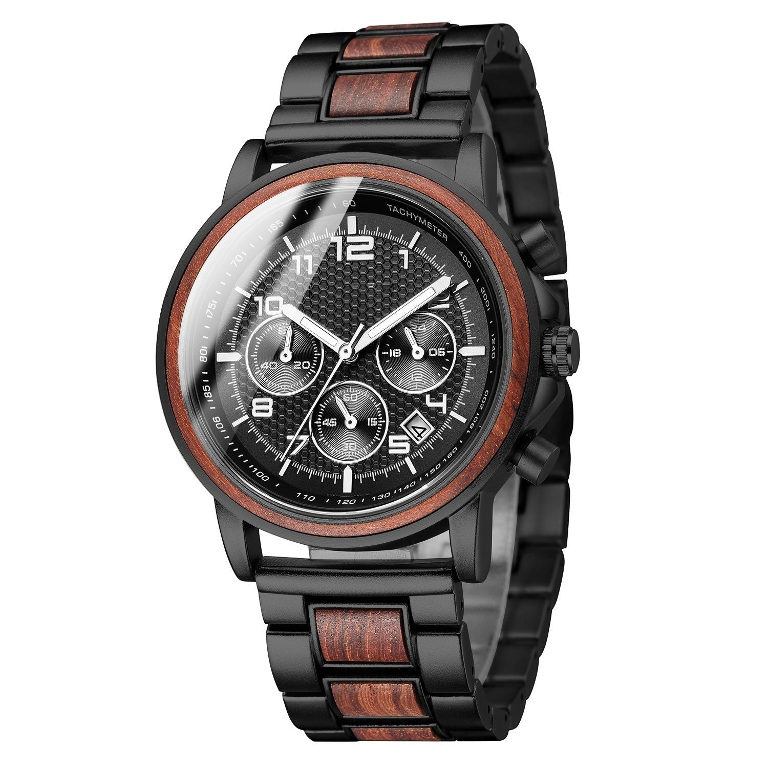Wooderland Sedna multifunctional wooden watch with a black metal and wood link strap and a textured black dial.