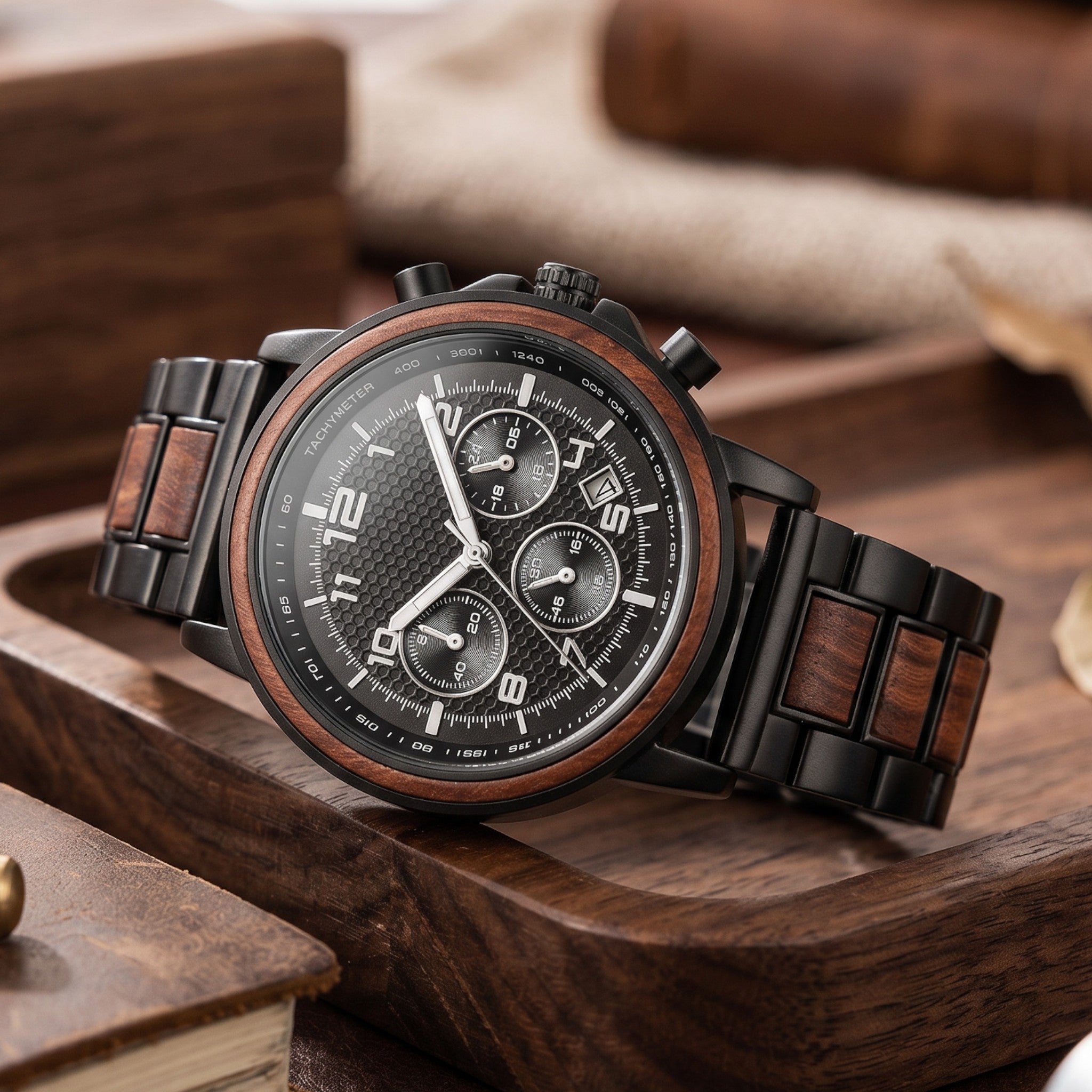 Wooderland Sedna wooden watch with black metal and wood link band, multifunctional dial, and mineral glass face.