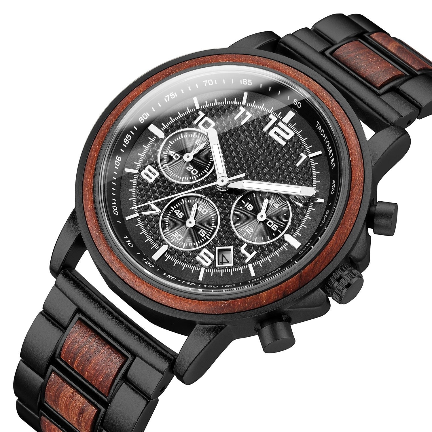 Wooderland Sedna multifunctional wooden watch with black metal links, dark wood bezel, and textured black dial.