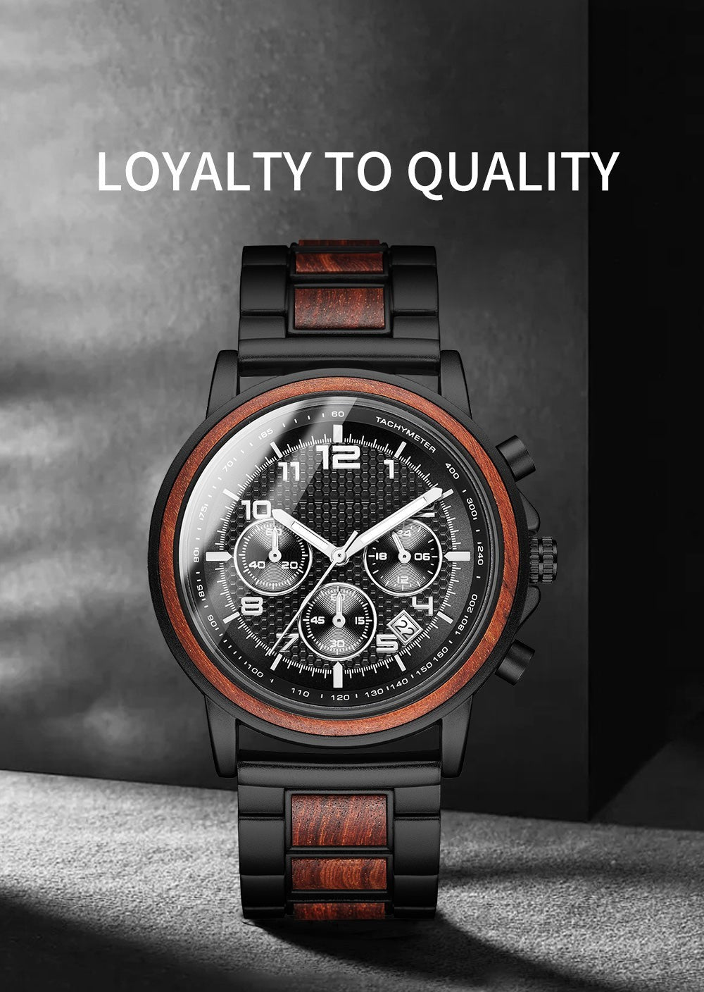 Wooderland Sedna wooden watch with black metal accents, multifunctional dial, and adjustable link strap.
