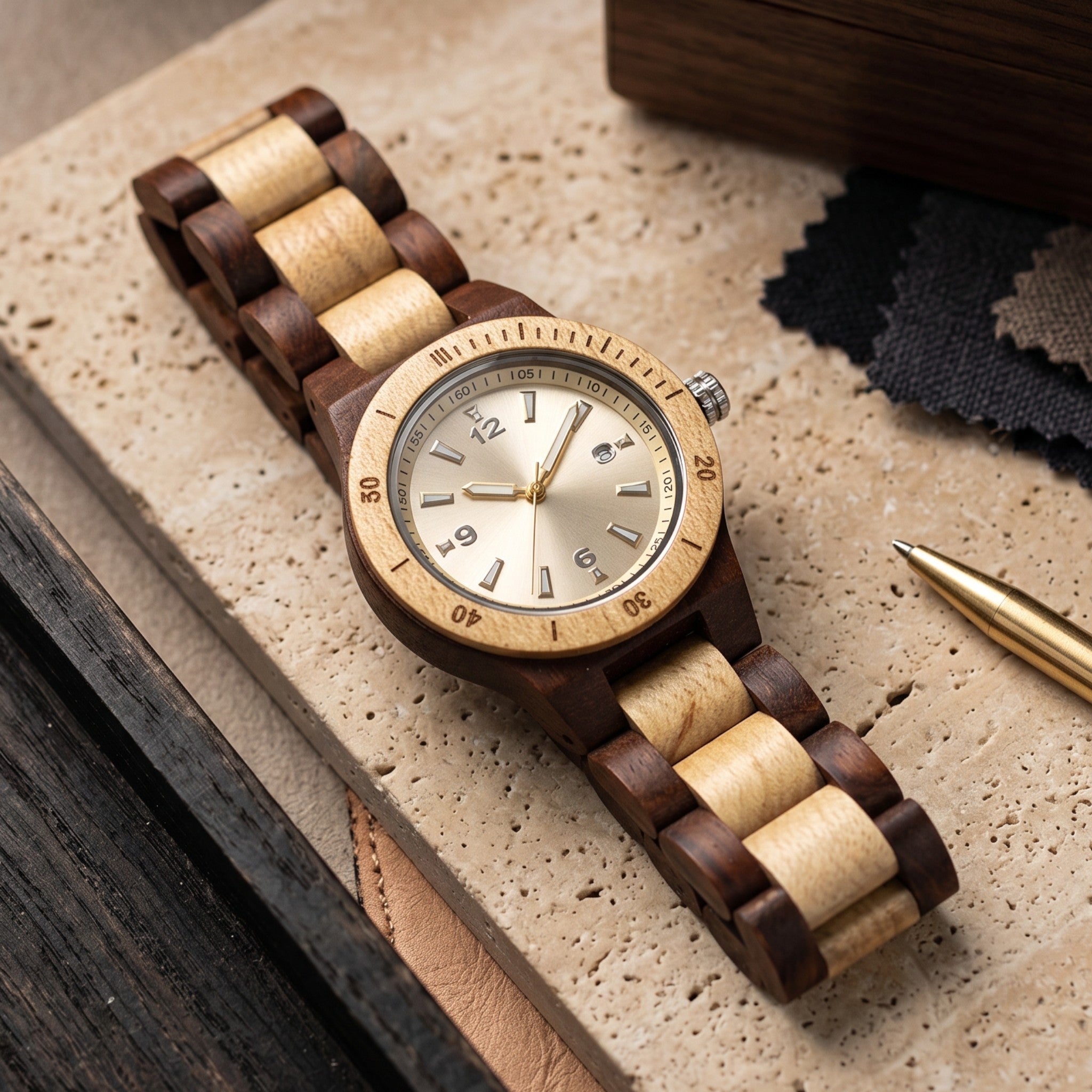 Wooderland Titania watch featuring a two-tone rosewood link strap and a minimalist champagne dial on a stone surface.